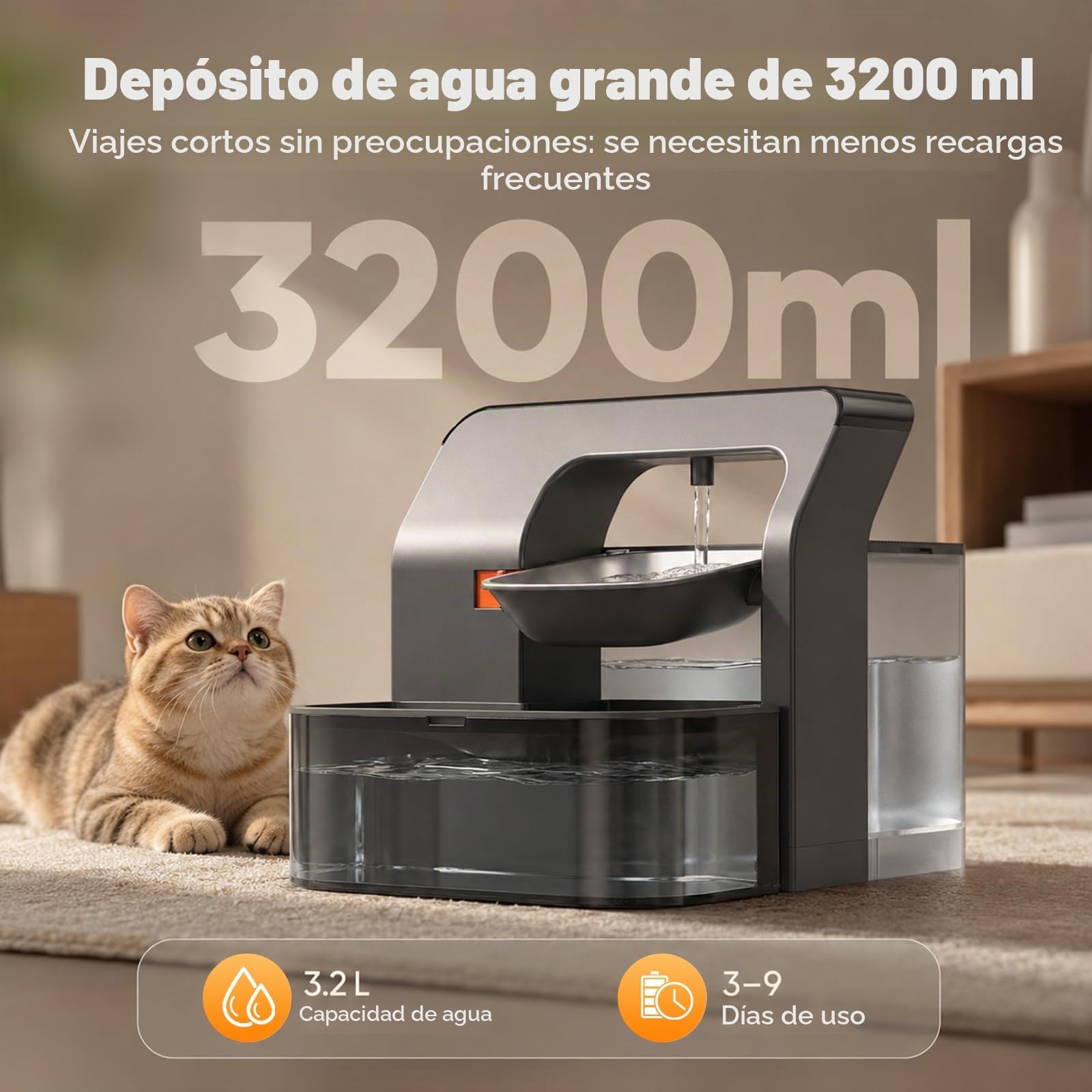 Fuente para Gatos inalámbrica con Plato Giratorio programable, depósito de Agua 3.2 L, batería de 180 días - separación de Agua Fresca y usada, Bebedero para Gato con batería de 2200 mAh, sin BPA