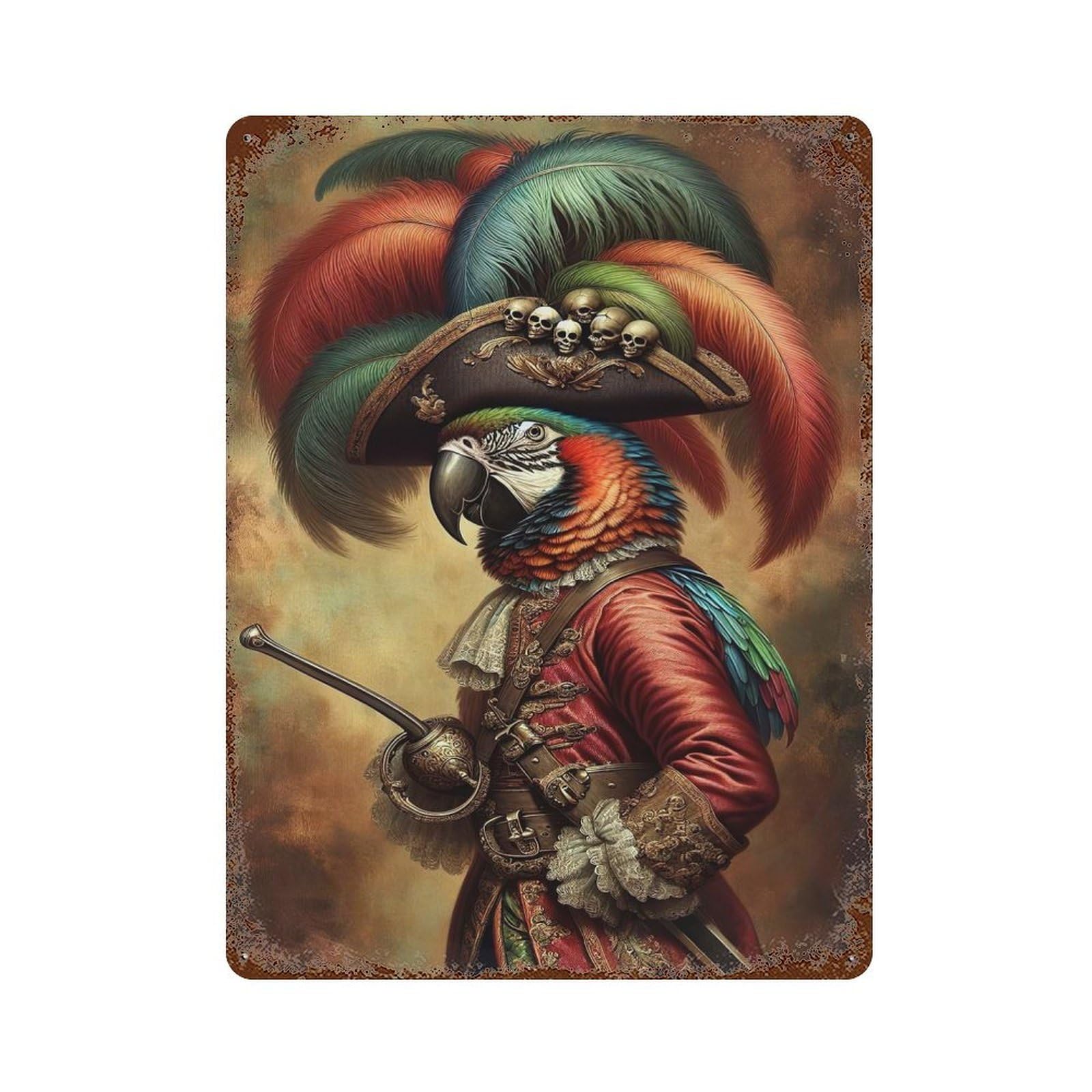 Rust Effect Parrot As A Pirate Captain Rusty Metal Tin Sign 15.7"x11.8", Farmhouse Wall Decor for Shed, Workshop And Garage Wall Decor