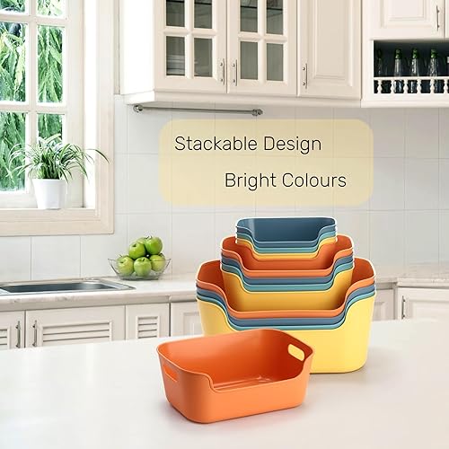 Miniatura 6 de Paquete de 12 contenedores y cestas de almacenamiento de plástico, 3 tamaños, contenedores organizadores de aula con asa integrada, contenedor de