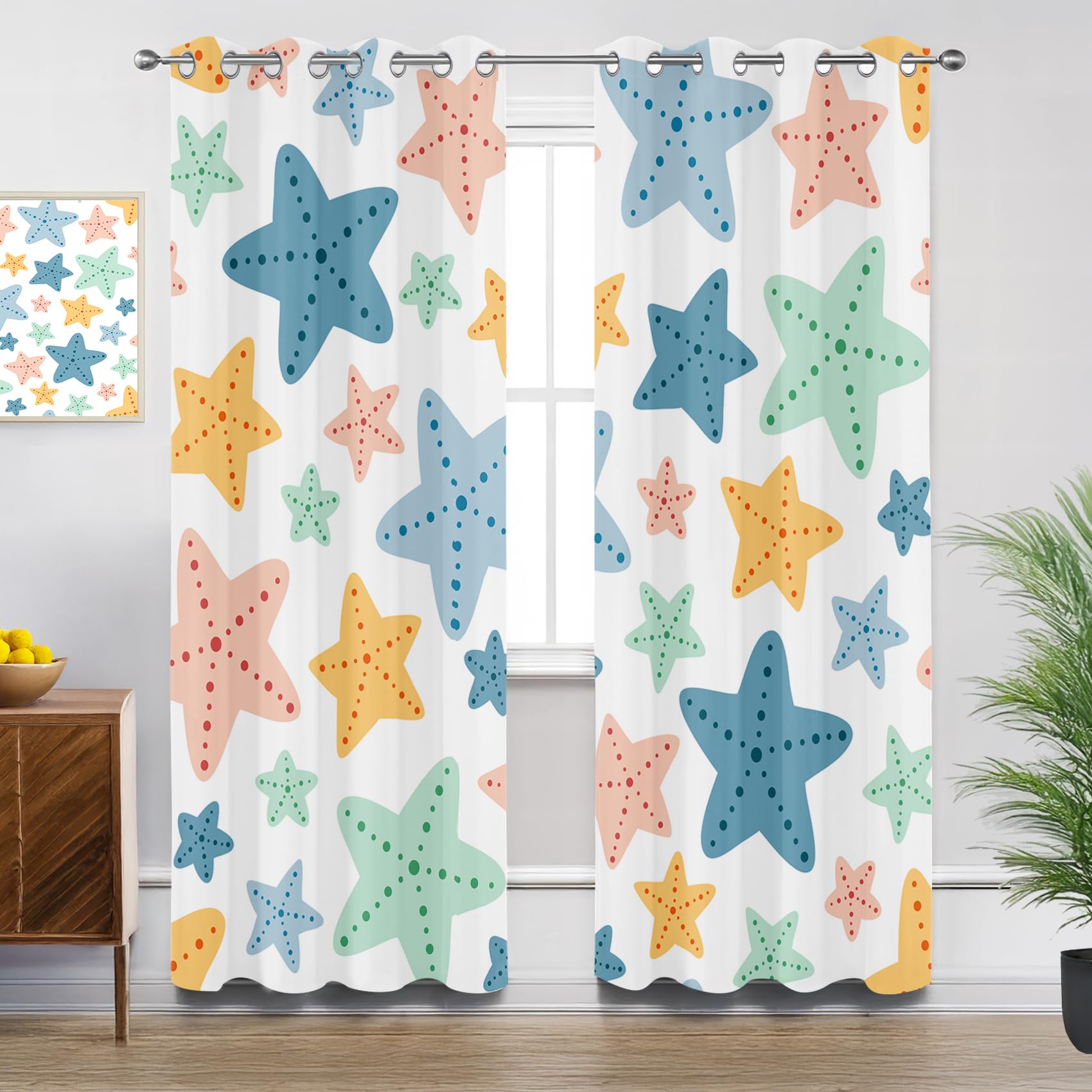 Starfish Curtains for Living Room, Colourful Cartoon Stars Polka Dot Kids Blackout Curtains Thermal Insulated Extra Long Bedroom Curtain Eyelet, W90 X D108, 2 Panels Drapes Home Decorations