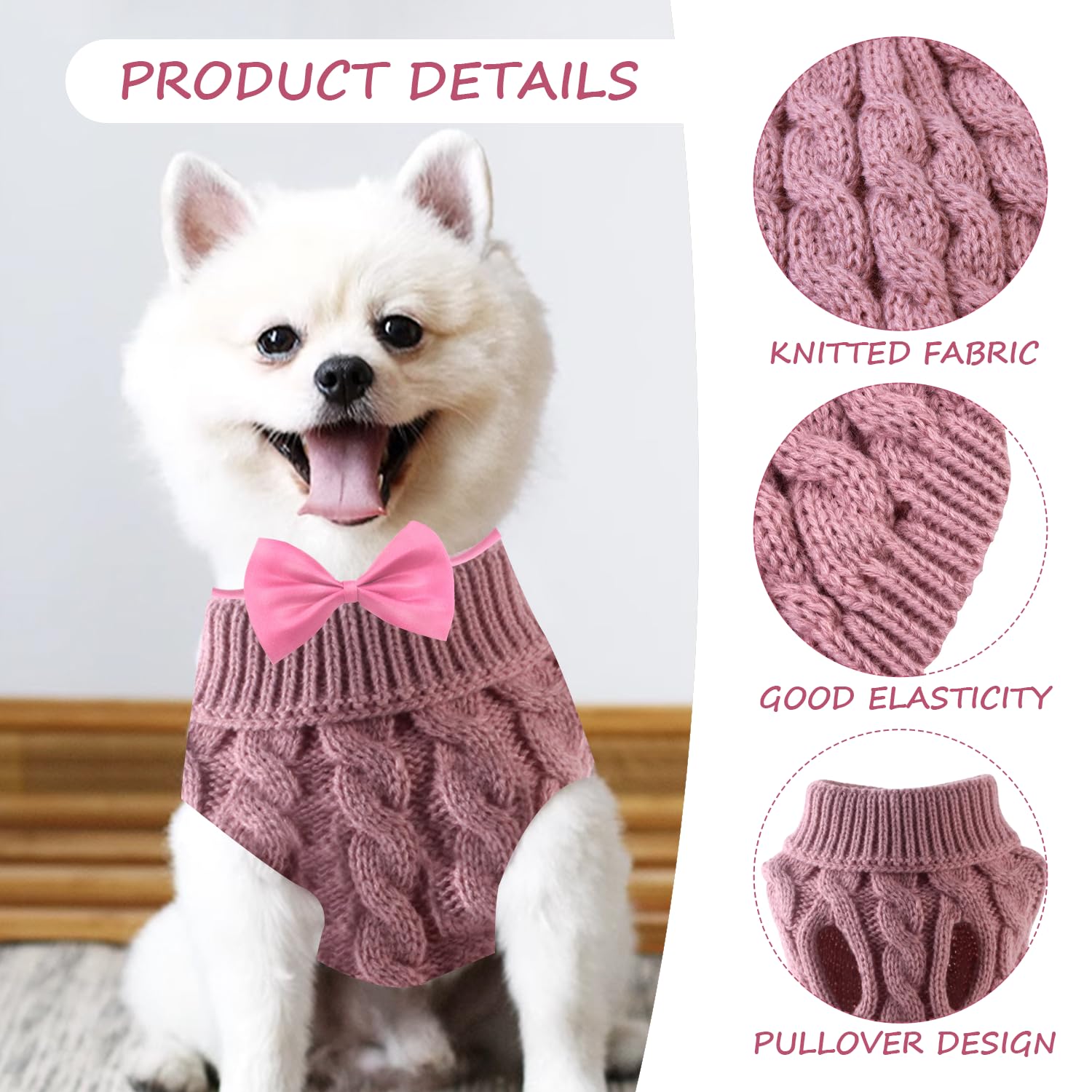 Pet Winter Warm Coat, Turtleneck Sweater, and 2 Bow Ties - Suitable for Cats and Dogs (S, Pink), Small - Image 3