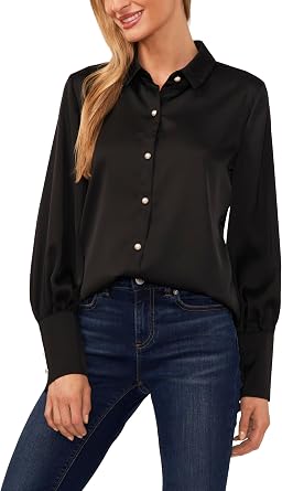CeCe Womens Button Down Long Sleeve Collared Tall Cuff Blouse