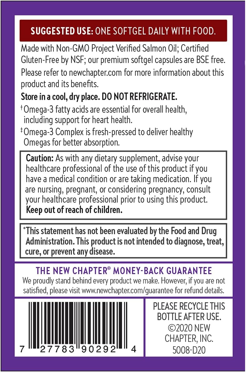 New Chapter Omega-3 Complex, Fish Oil Supplement Wild Alaskan Salmon - 30 Count : Health & Household