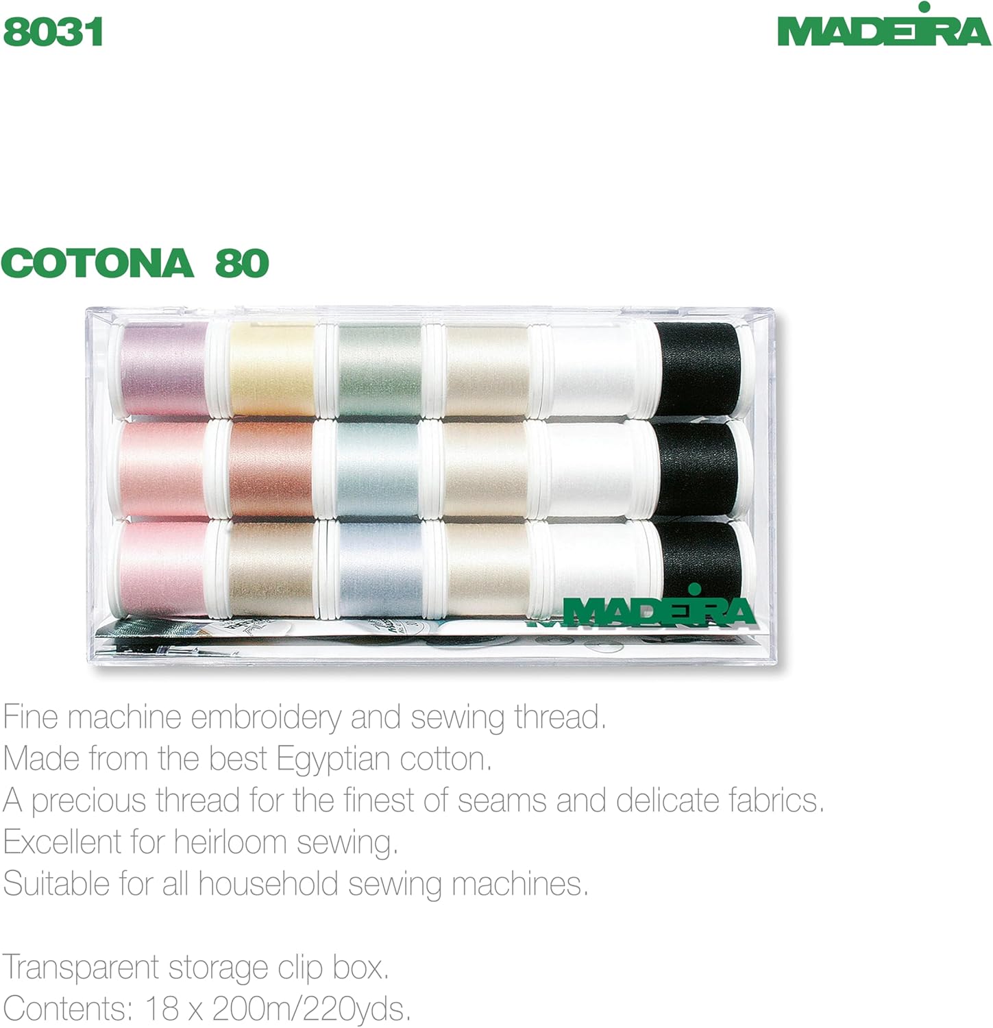 Madeira Cotona 80 Fine Embroidery & Sewing Thread Set, 18 Spool Pack, 200m/220yds, 100% Cotton