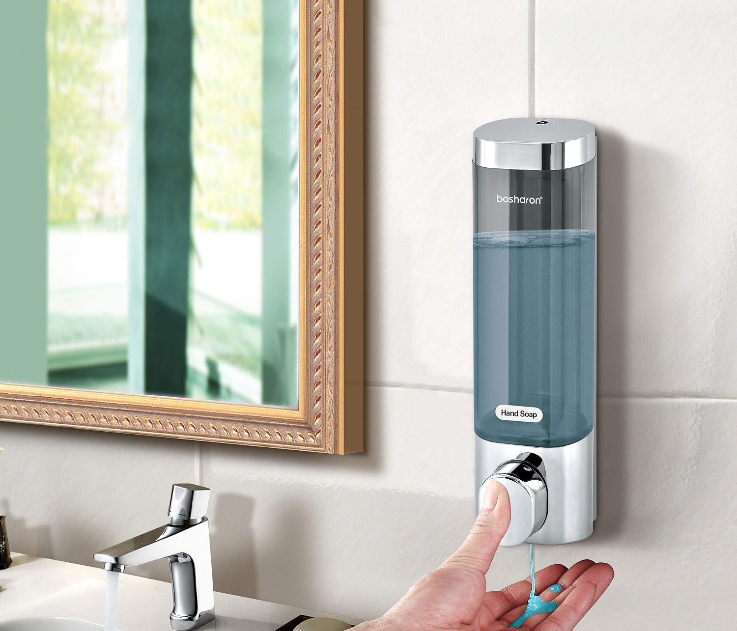 Bosharon Liquid Soap Dispenser Wall Mount, for Bathroom, Kitchen, Hotels, Restaurants. Shower Soap Dispenser 300 ML (Chrome Single Chamber)