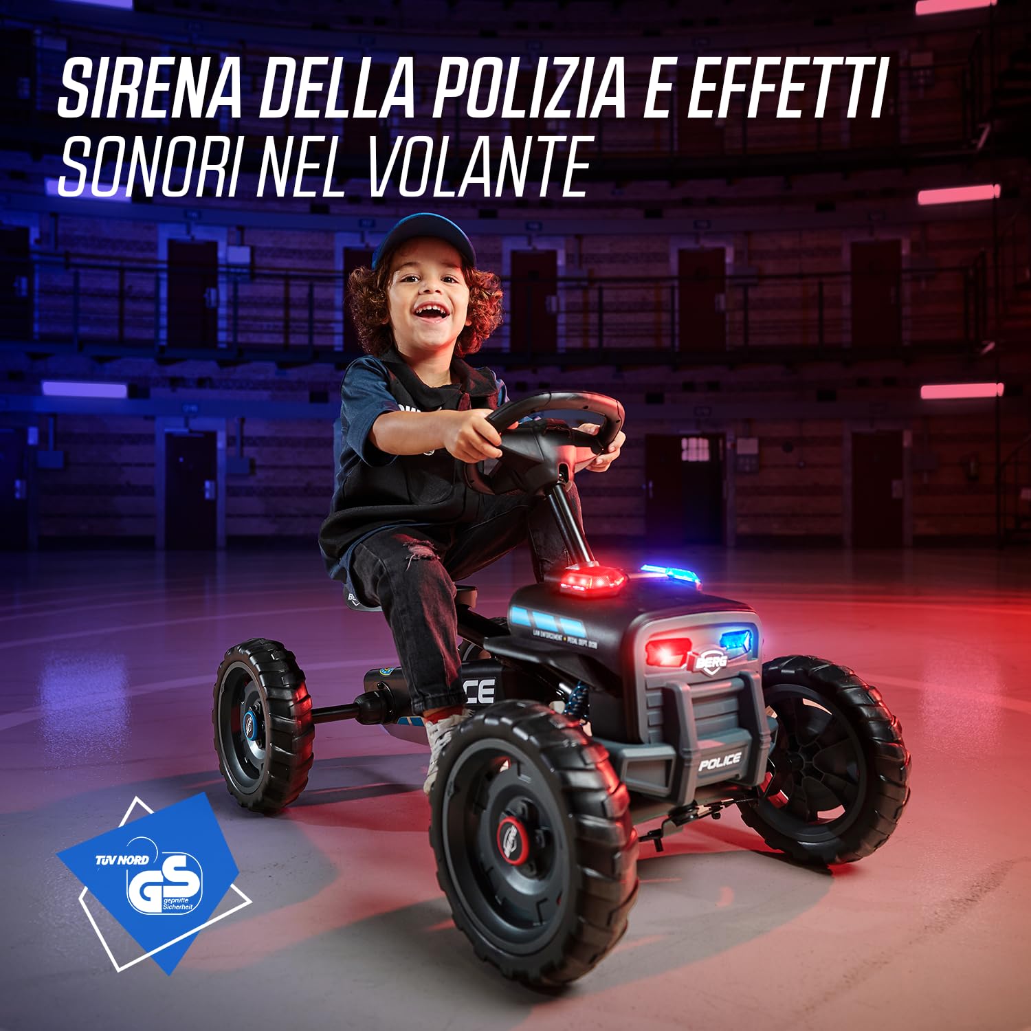 BERG Buzzy Go-Kart per bambini dai 2 anni in su, veicolo a pedale per bambini, stabile gokart per bambini con pneumatici silenziosi, sedile e volante regolabili (polizia)
