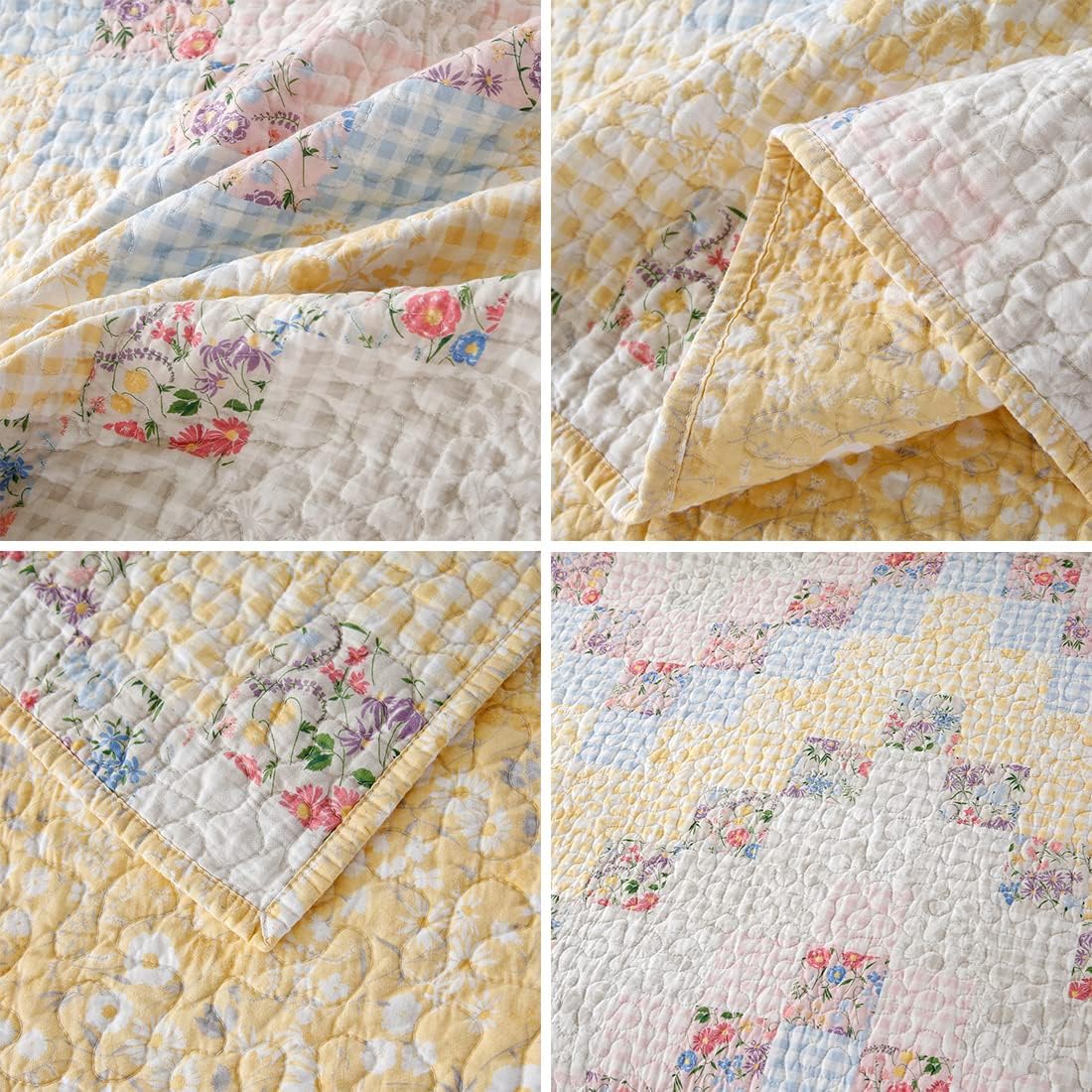 vctops Farmhouse Plaid Floral Cotton Quilted Bedspread Quilt Set Oversize Queen 3 Piece Patchwork Reversible Lightweight Coverlet Bedding Set for All Season (Cream,106"x92")