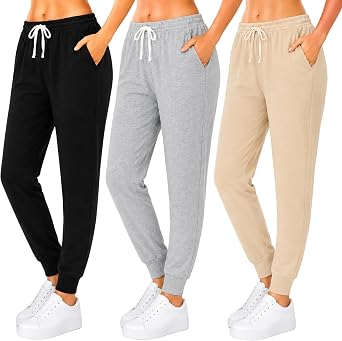 Essential Elements Womens 3 Pack 100% Cotton Joggers Lounge PJ Sweatpants | Soft Breathable Everyday Knit With an Elastic Waist and Tapered Fit, Cozy for Sleep, Workouts and Casual Wear