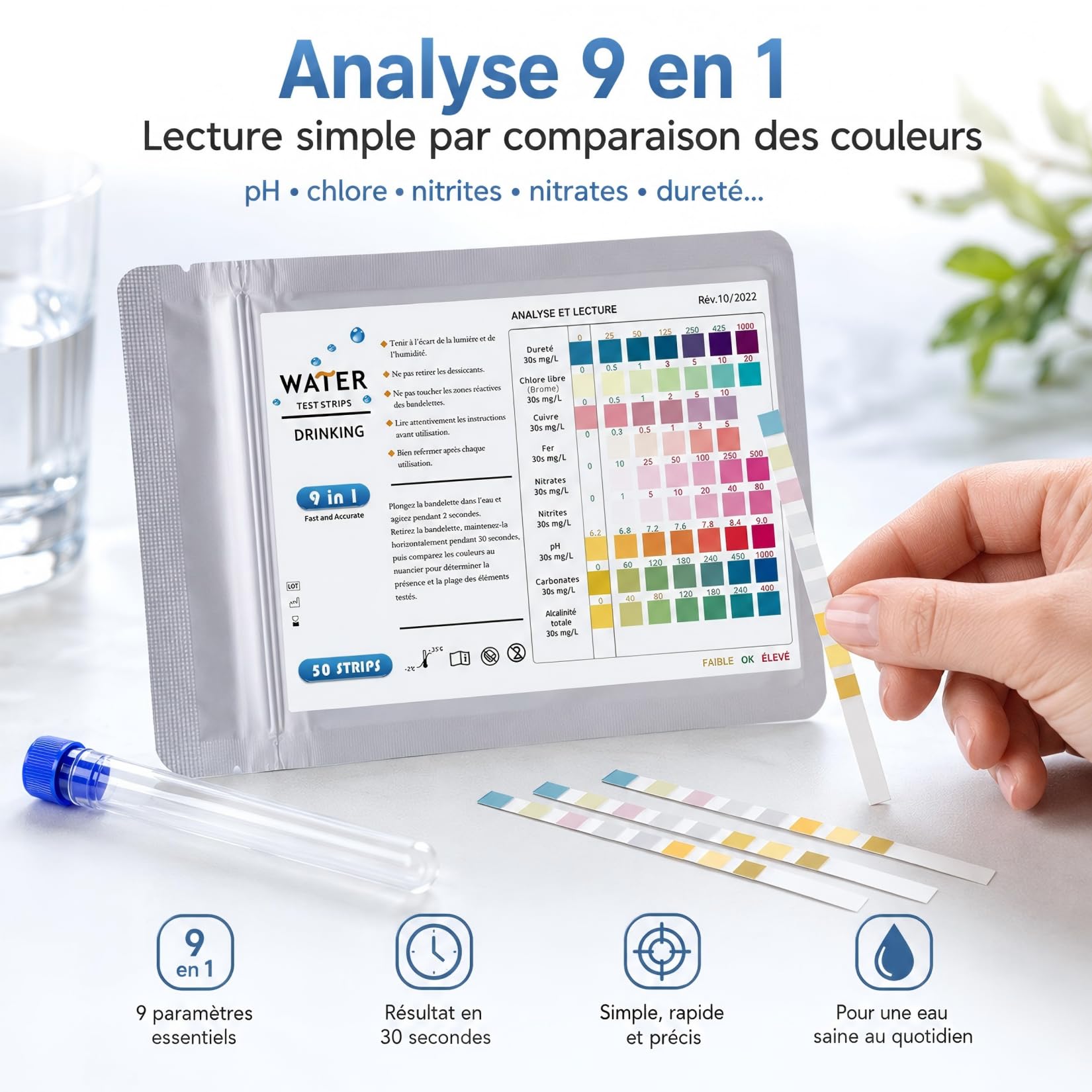 Lot de 50 Bandelettes de Test 9 en 1 pour Piscine et Spa, Bandelettes Analyse pH Chlore Nitrites Dureté de l'Eau, Convient pour Eau Potable Aquarium, Livré avec 1 Tube à Essai Offert