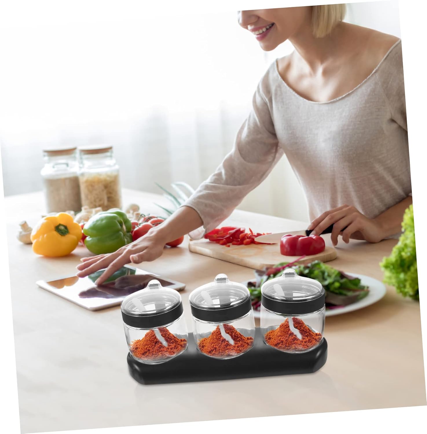 1set Multi-function Glass Spice Jar with Lid Compartment Condiment Container for Kitchen Storage for Seasoning Bbq Camping Home and Restaurant Use