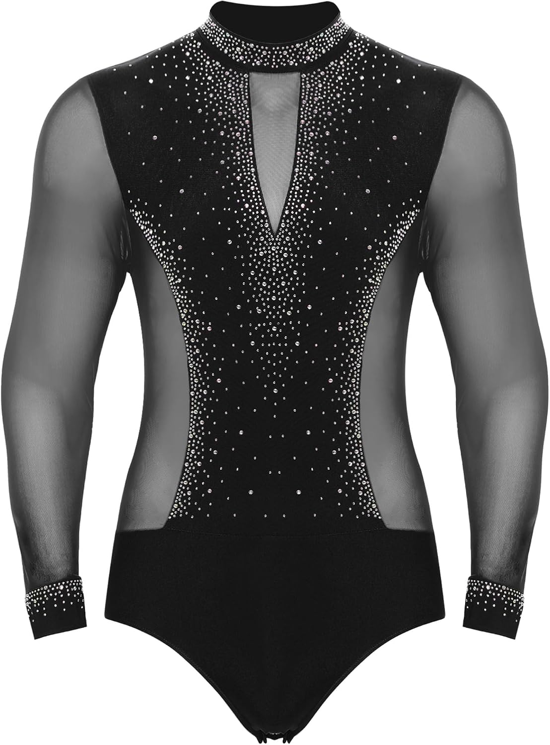 Vxuxlje Men's Sheer Mesh Patchwork Latin Dance Leotard Long Sleeve Figure Skating Dance Jumpsuit