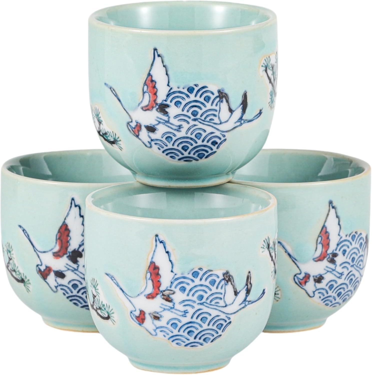 Japanese Crane Porcelain Tea Set 20 fl oz Teapot with 4 Cups Sky Blue Color Tea Gift Set