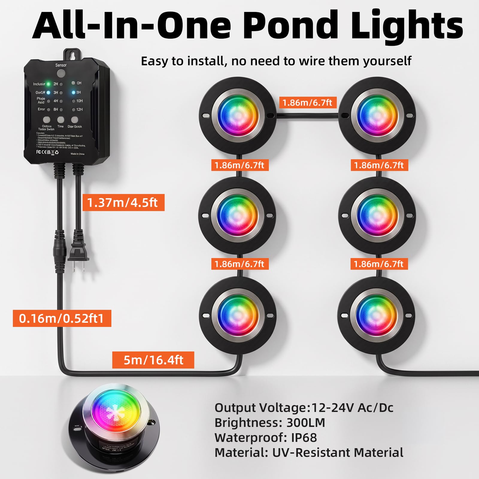 SMY Lighting RGBWW Teichbeleuchtung Unterwasserbeleuchtung Teich | mit Photozellensensor und Timer, Niedervolt Transformator, IP68 Wasserdicht Poolbeleuchtung