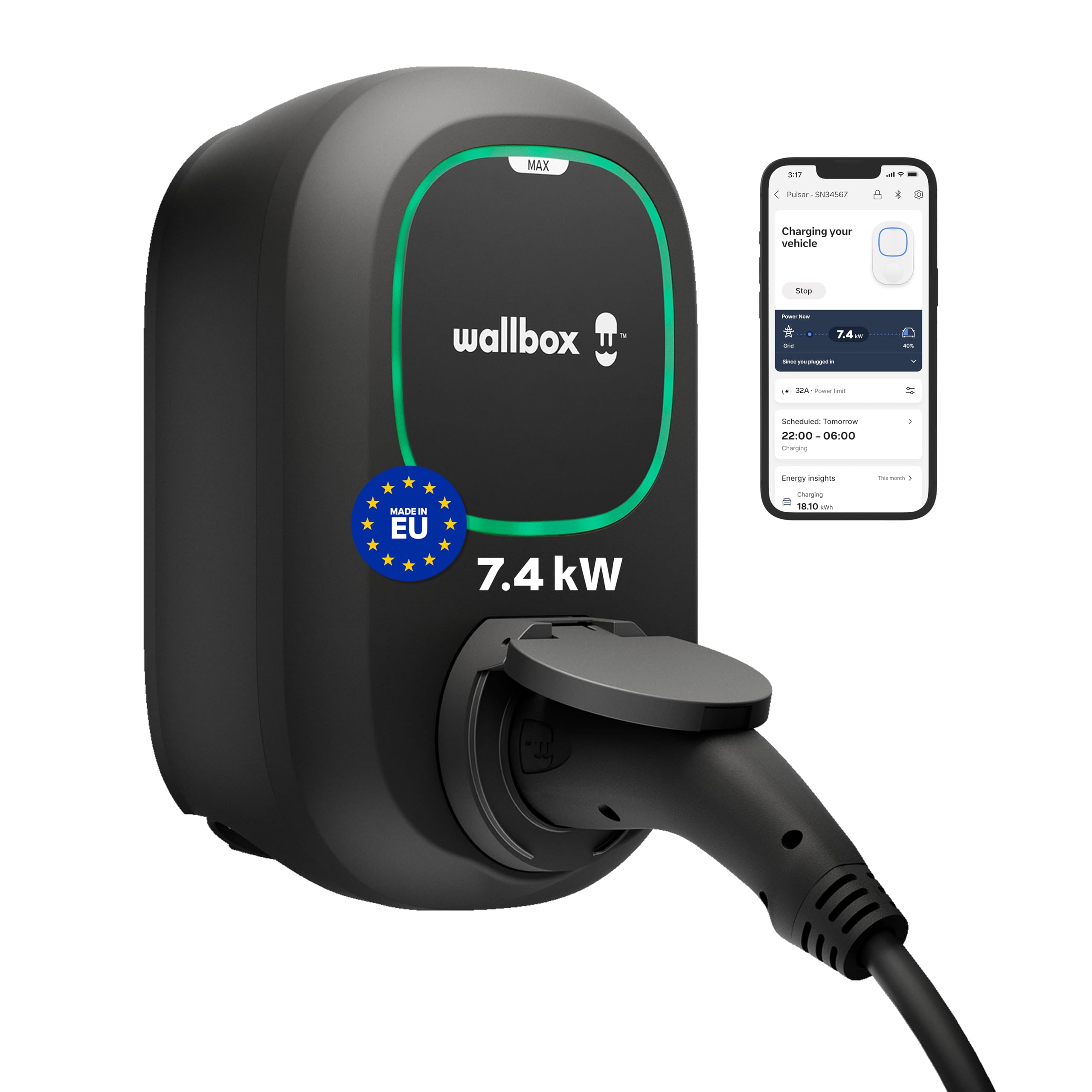 Wallbox Pulsar Max 7.4kW - Chargeur Voiture Electrique 32 A - Chargeur EV Typo 2 avec WiFi et Bluetooth - Compatible avec EV/PHEV et Usage Intérieur/Extérieur - Noir