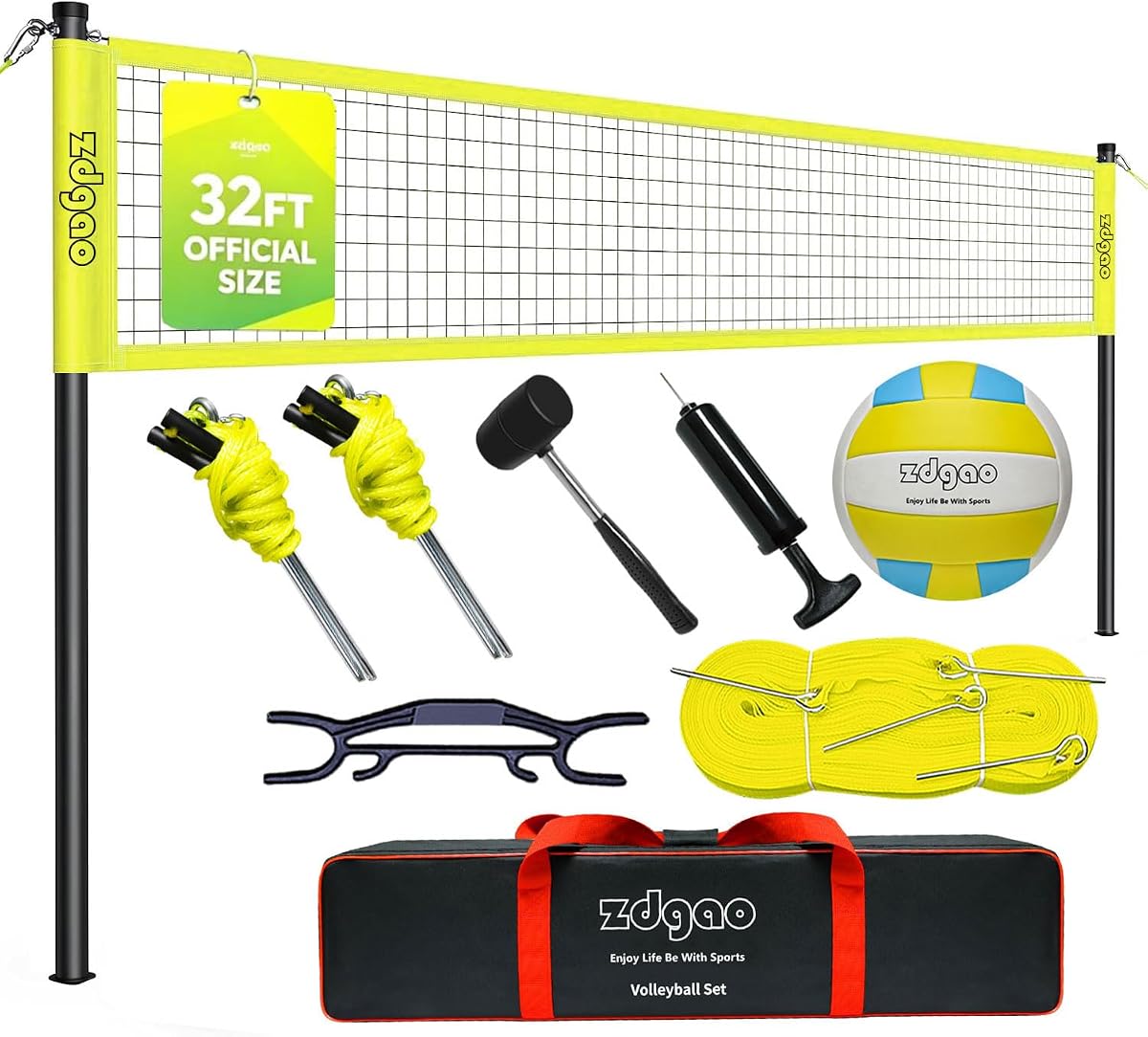 Red de voleibol portátil y para exteriores de 32 pies, postes de diámetro grueso ajustables | Juego completo; Fácil instalación y transporte; Bueno para patios y sitios al aire libre: parque/playa/césped/césped; Tamaño oficial de 32 pies; Materiales duraderos