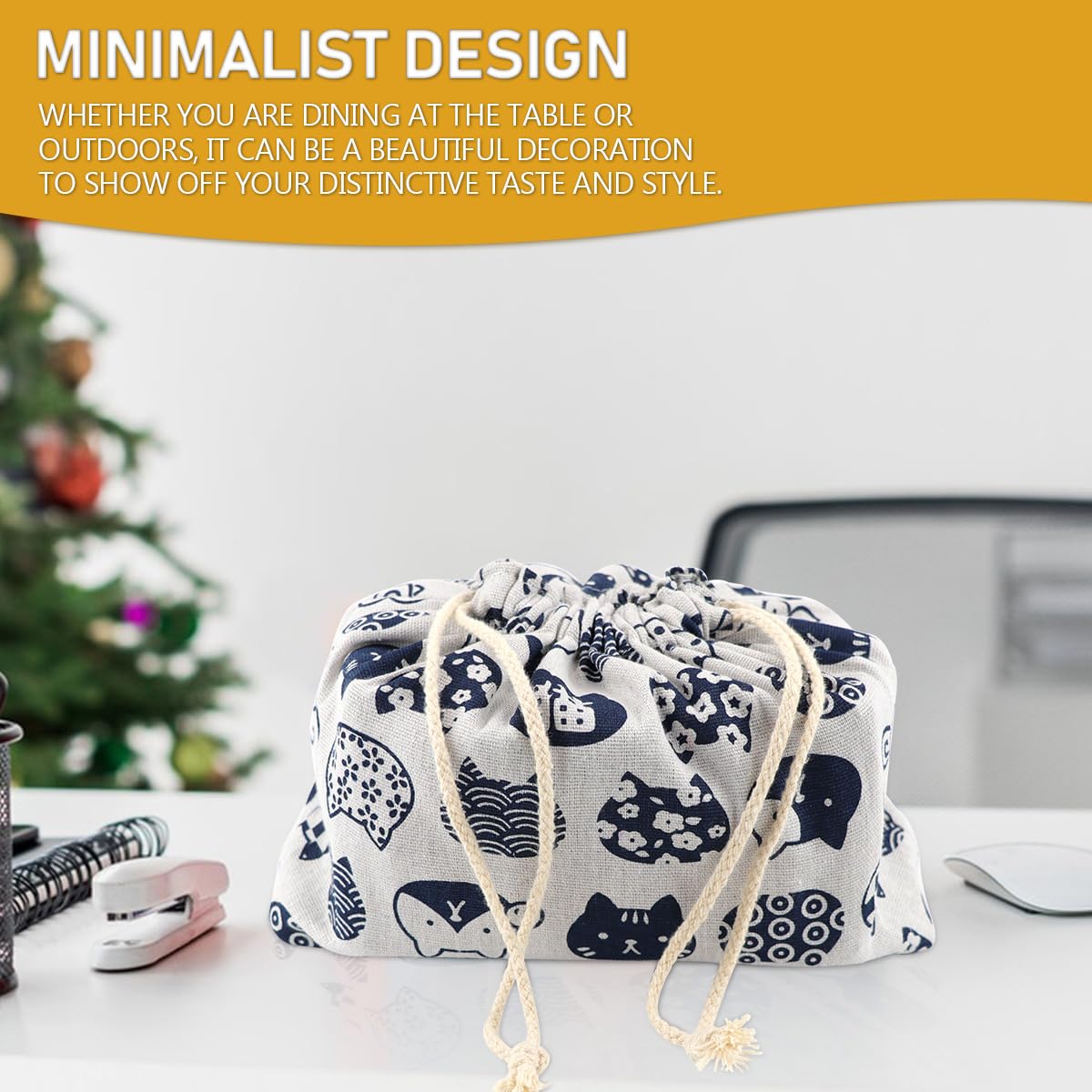 DOERDO Lunch Tote Bag Lunch Handy Bags Japanese Style Portable Bento Storage Bag with Drawstring for Outdoor Office White - Image 4