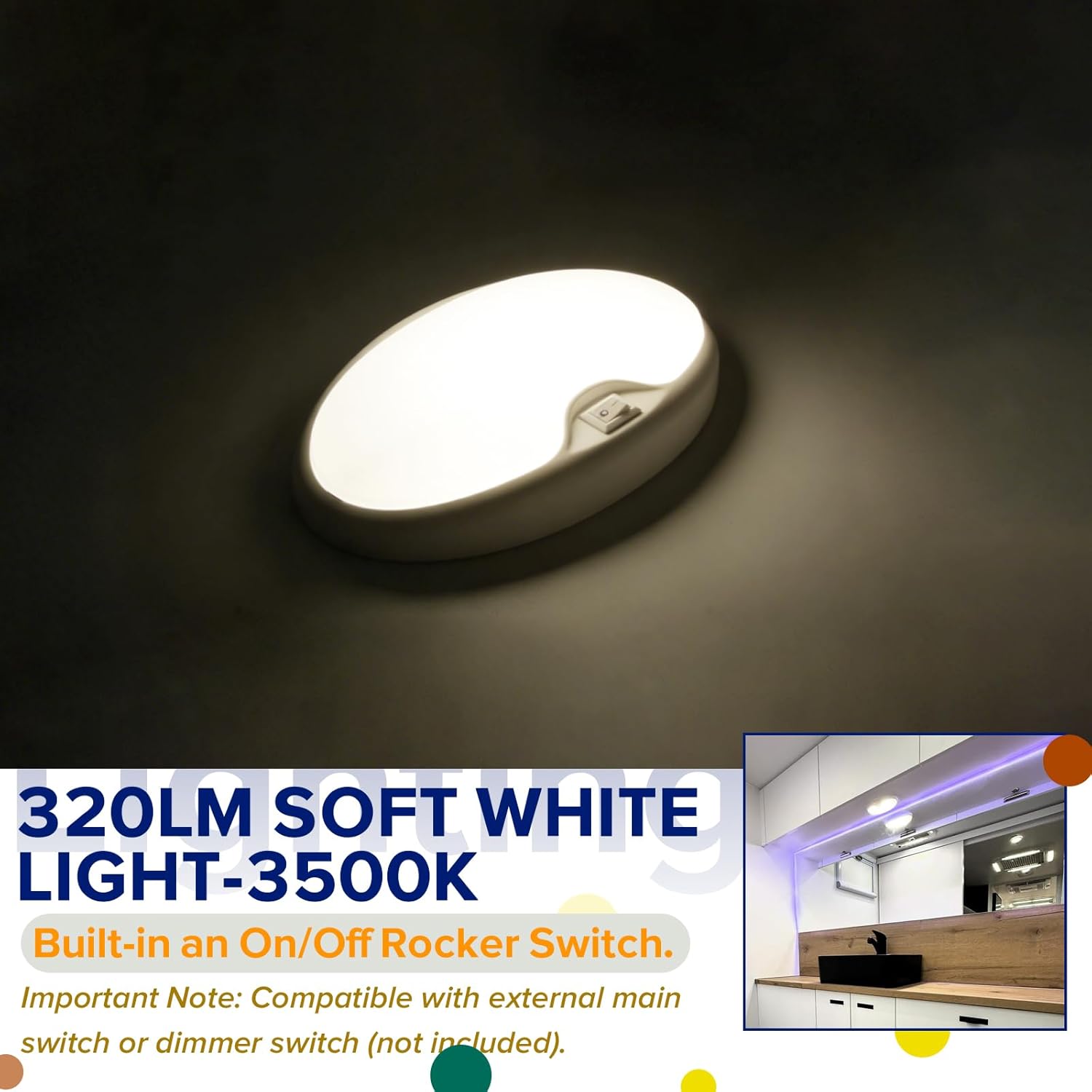 RV Lights Interior 6 Inch 12v Surface Mount LED Light Oval Ceiling Light with Switch 12 Volt Light Fixtures for RV Vintage Camper Trailer Boat Interior 4.5W 320lm 3500K Soft White Lighting, 4-Pack