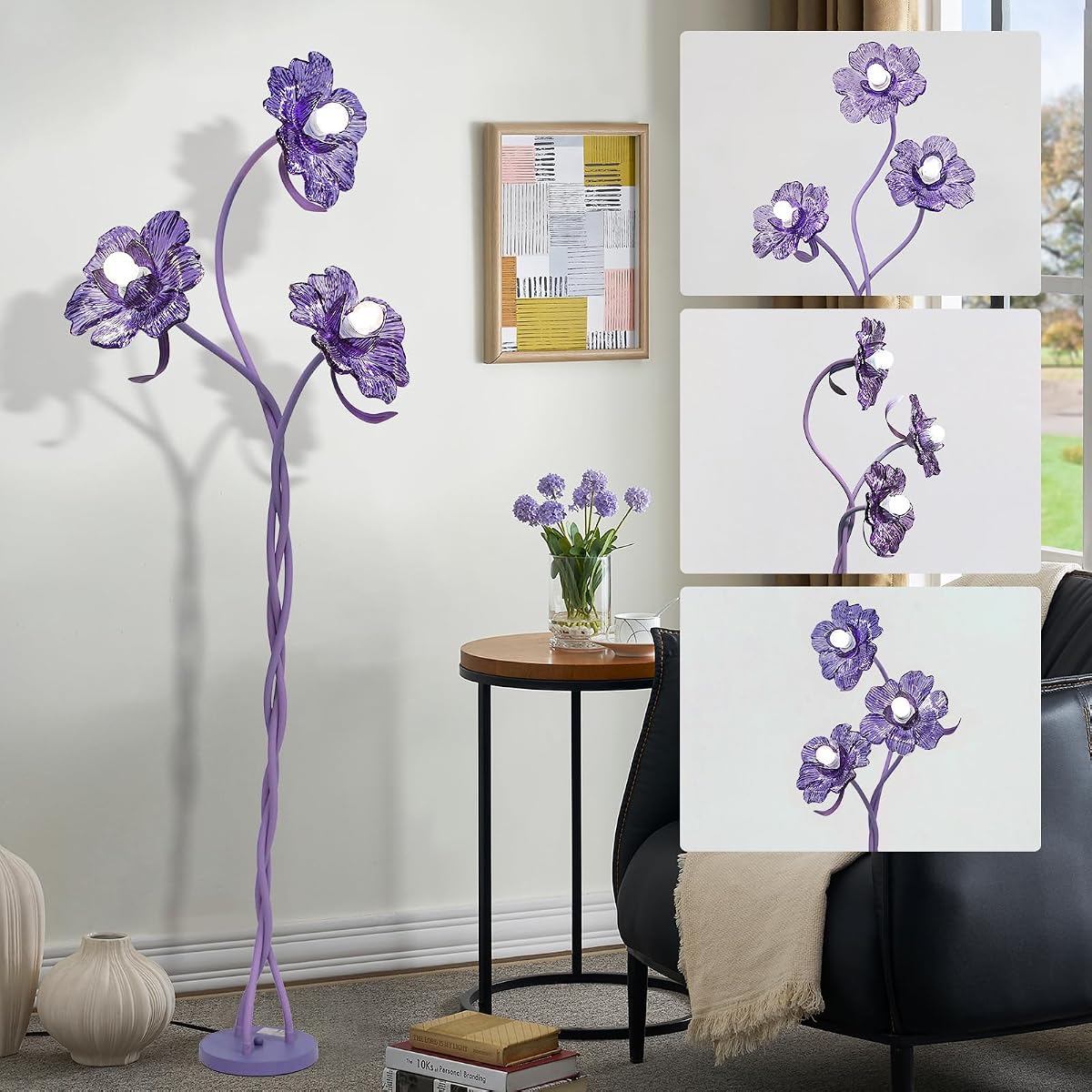 Vintage Flower Floor Lamp for Girls Bedroom, Cute 3 Heads Floor Reading Light