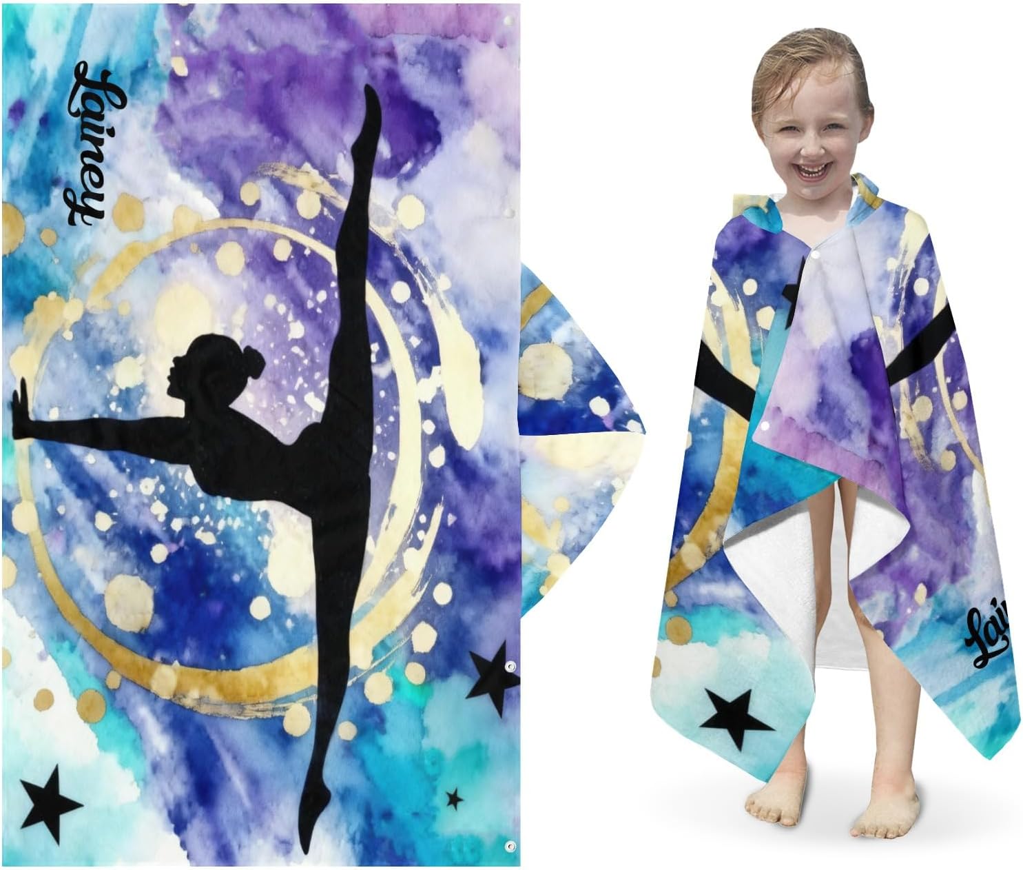 Watercolor Gymnastics Girl Personalized Hooded Towel Absorbent Wrap Soft Pool Beach Bath Towels Hood Poncho for 5-12 Years Kids Boys Girls