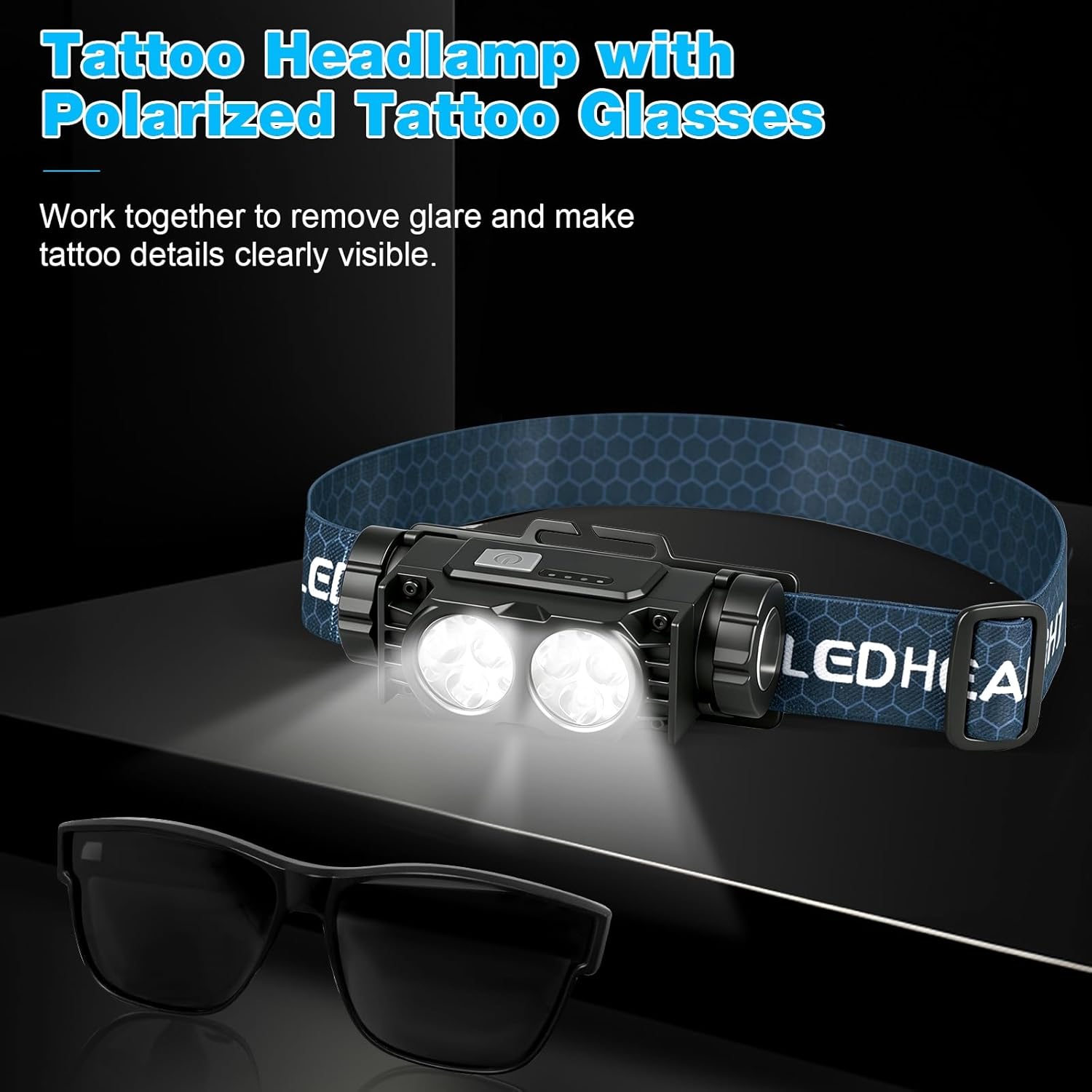 Tattoo Light with Tattoo Headlamp and Polarized Tattoo Vision Glasses, Rechargeable Tattoo Headlight for Artists & Beginners, Anti-Glare and Enhance Tattoo Color Details