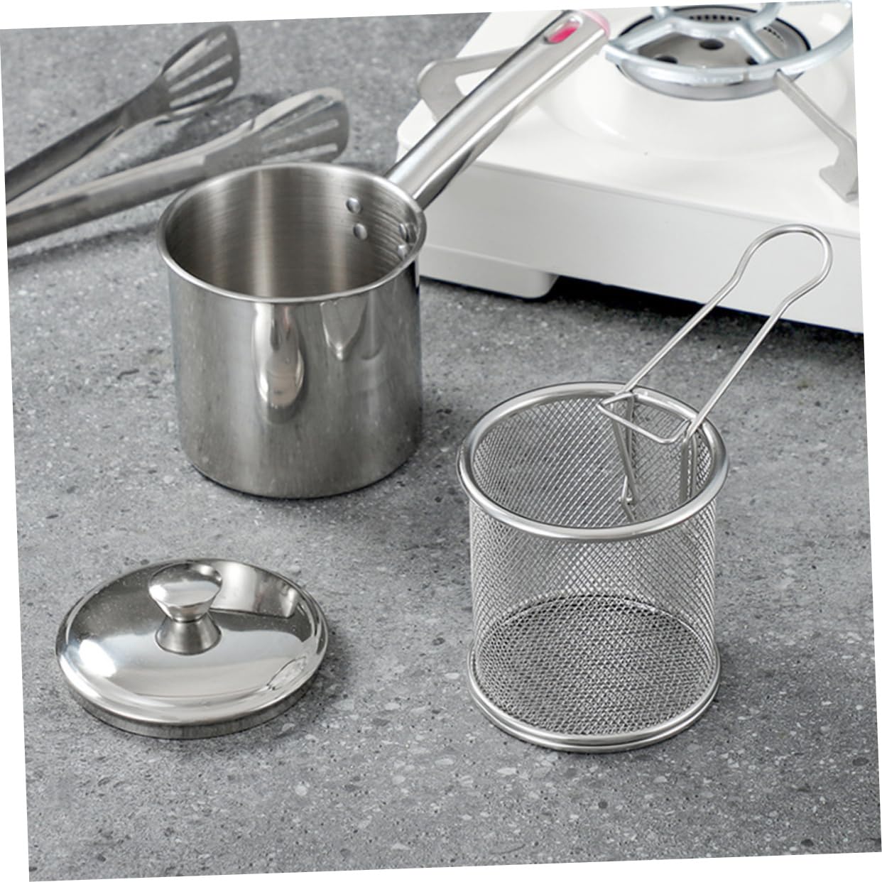 POPETPOP Sturdy Deep Frying Pot Basket Set Quick Cooking Easy to Use Stainless Steel