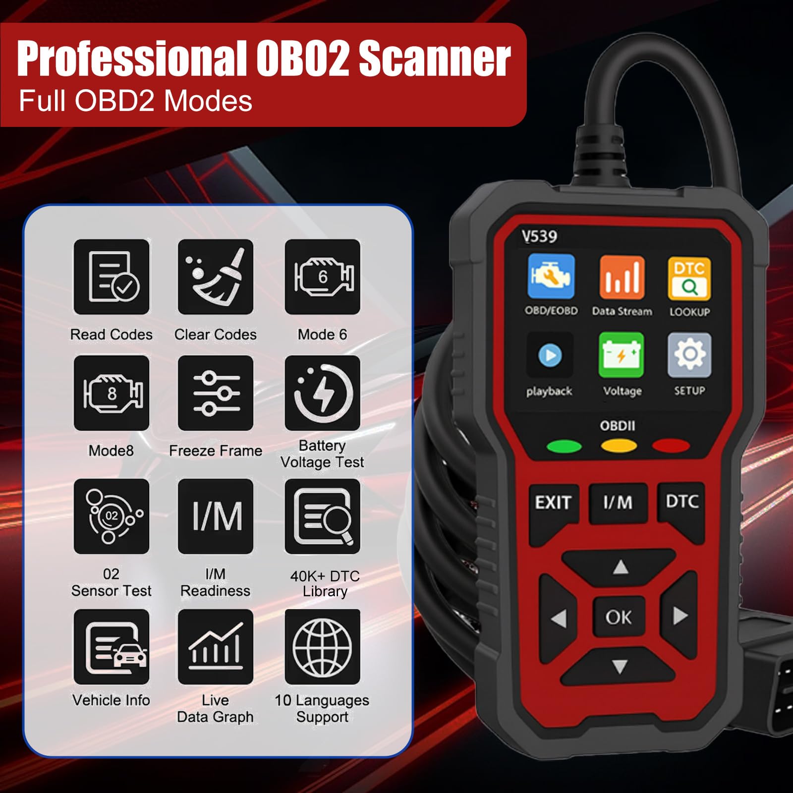 V539 OBD2 Diagnostic Voiture 2026 avec 40 000+ DTC, Diagnostic Voiture Multimarque avec Fonctions Complètes OBDII, Lecteur Codes Défaillance Moteur pour Véhicules à Essence Fabriqués Après 1996