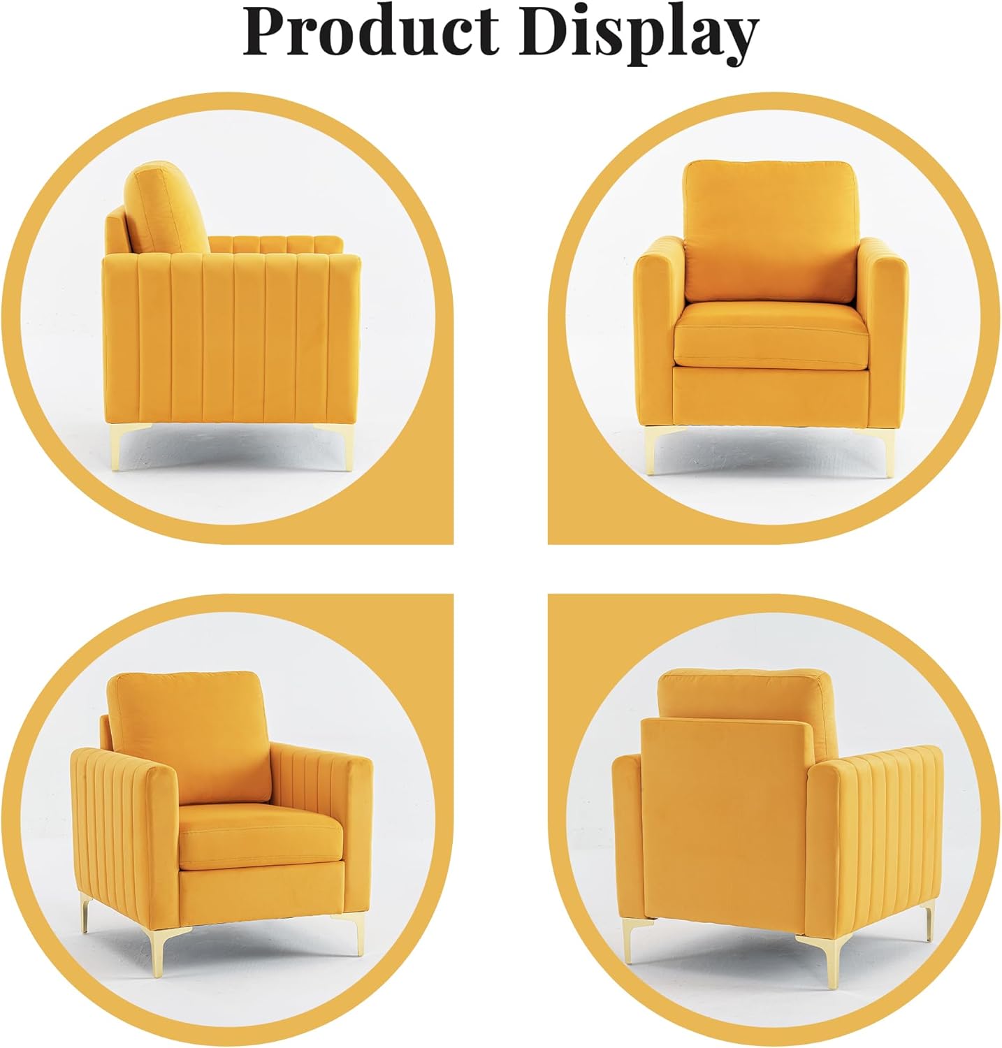Modern Velvet Accent Chair for Living Room & Bedroom Comfy Reading Armchair with Gold Metal Legs (1, Mustard Yellow)