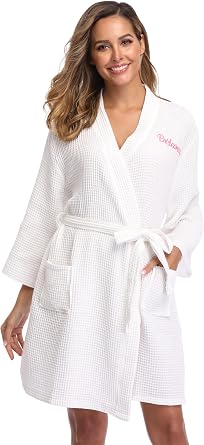 Womens Waffle Knit Robes Bride Birdesmaid Lightweight Bathrobe Soft Knee Length Loungewear