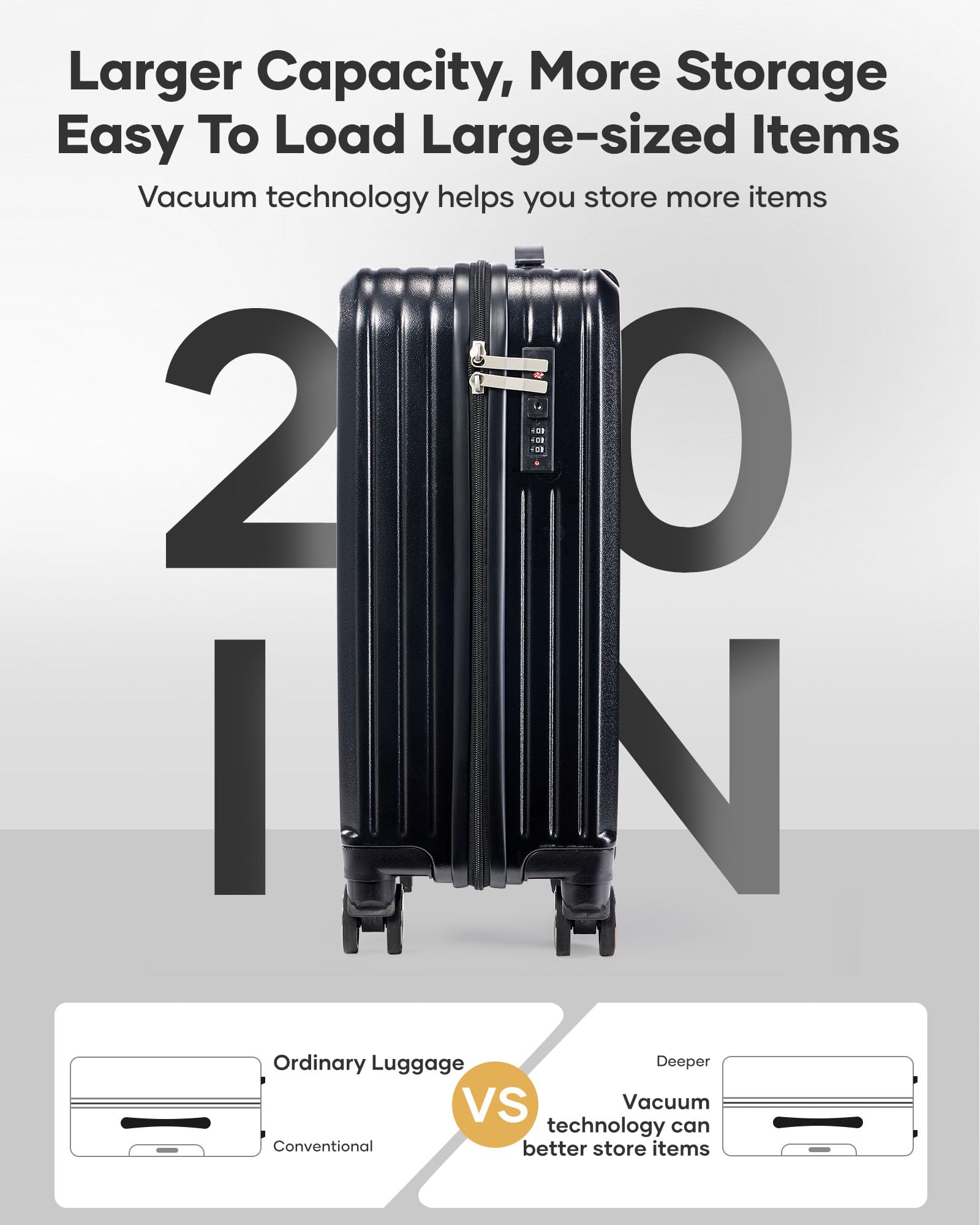 Valigia Sottovuoto,Trolley Bagaglio a Mano 55x40x20 Ryanair Easyjet,Con Sistema di Compressione a Vuoto Con Pompa,con 4 Ruote Rotanti e Lucchetto TSA e Borsa da Viaggio,Set Valigie,Nero