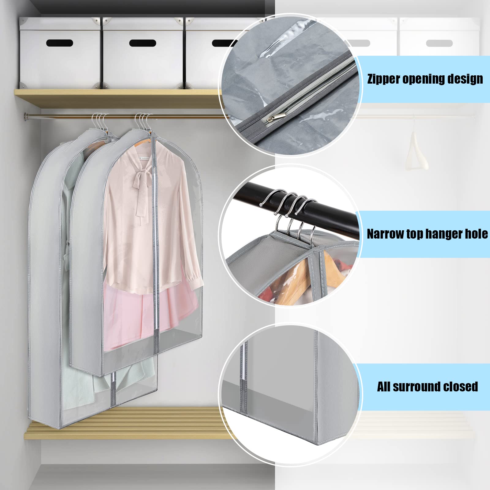 Dntorx Lot de 4 sacs à vêtements 152 x 60 cm avec plis latéraux de 25,5 cm, housse de protection entièrement transparente avec fermeture éclair latérale pour costume, chemise, robes, manteau