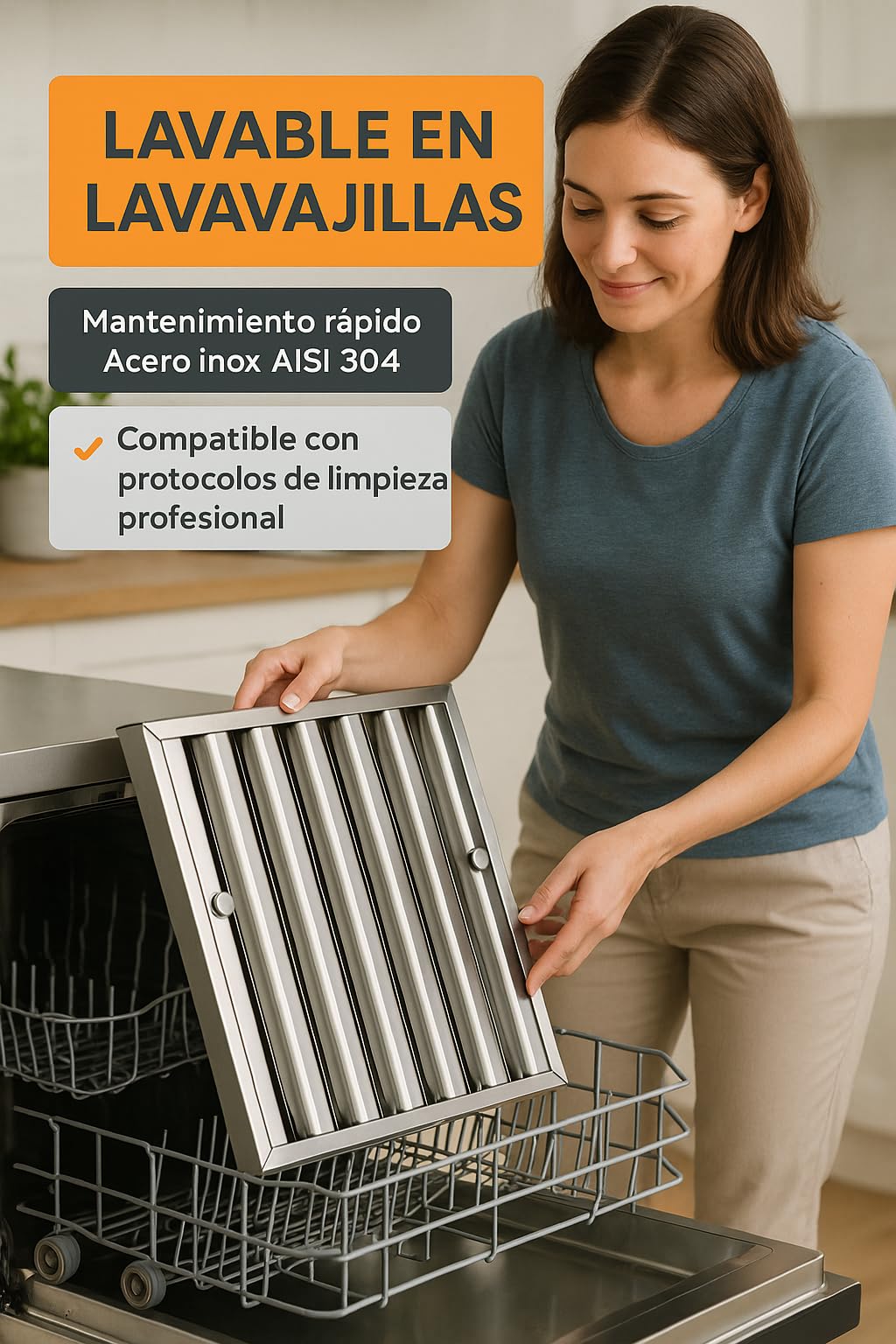 RO Linea Blanca ® Filtro Lamas 490x490x48 Mm Acero Inox AISI 304 Para Campana Industrial Hosteleria Lavable Lavavajillas Drenaje Lamas Inclinadas Pomo Sujeccion Recambio Universal Seguridad Casa
