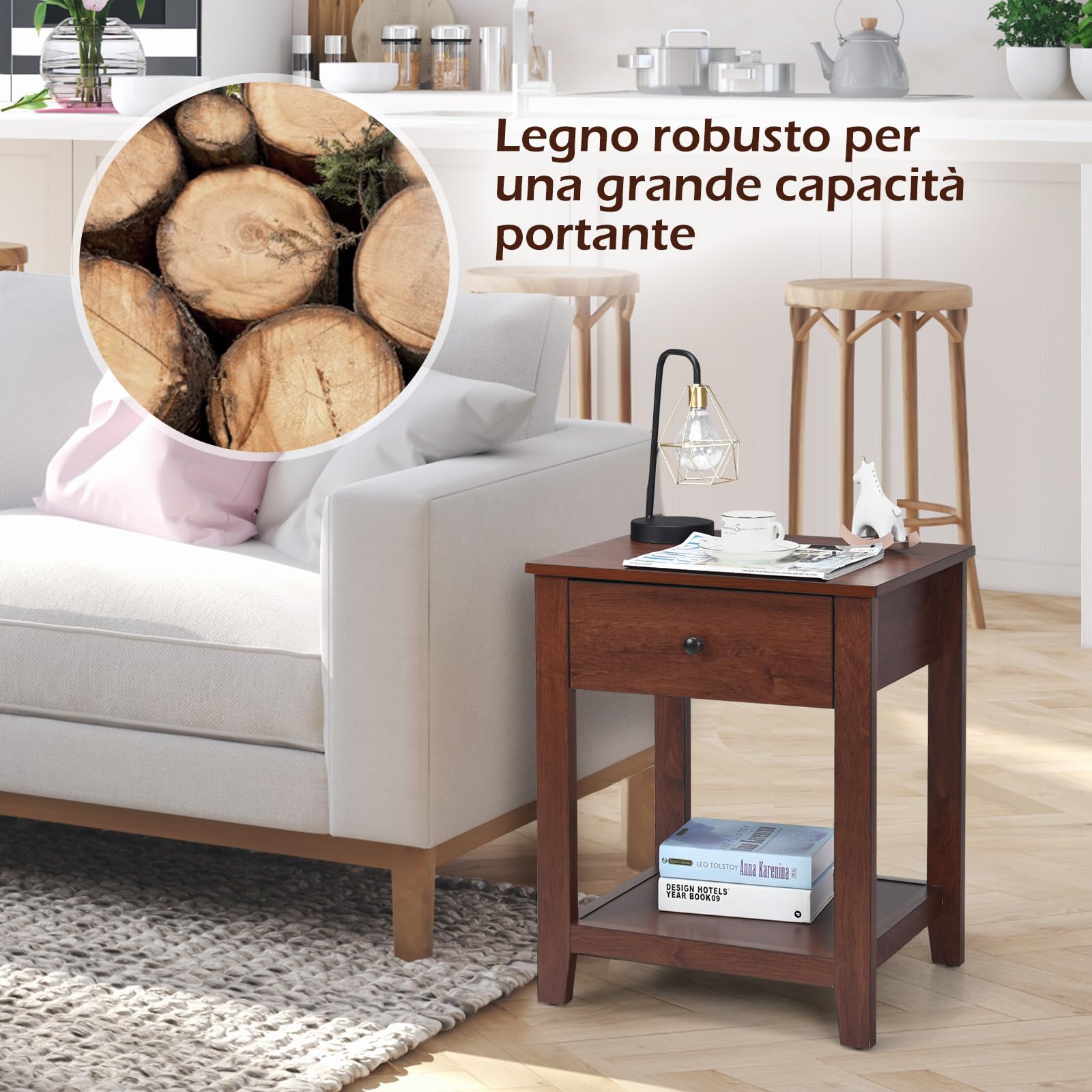 Set 2 Comodini Legno 40x40x60cm - Tavolini Notte Moderni Con 2 Ripiani, Bianco O Nero, Per Camera Da Letto