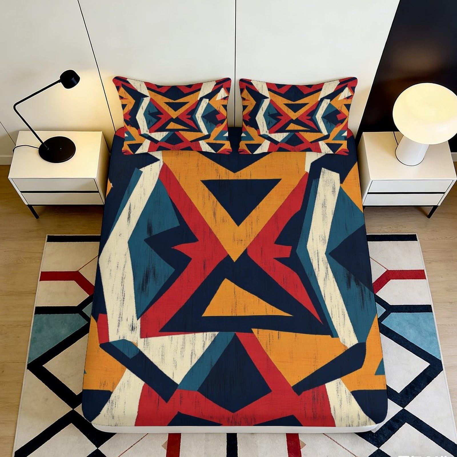 3D Printed Geometric Tribal Fitted Sheet Microfiber Soft Breathable Abstract Mattress Cover for Bedroom Dorm Decor 90x200x25cm