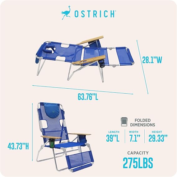 Ostrich The Altitude 3N1 Reclining Lounge Chair, Relaxing Beach Seat, Blue