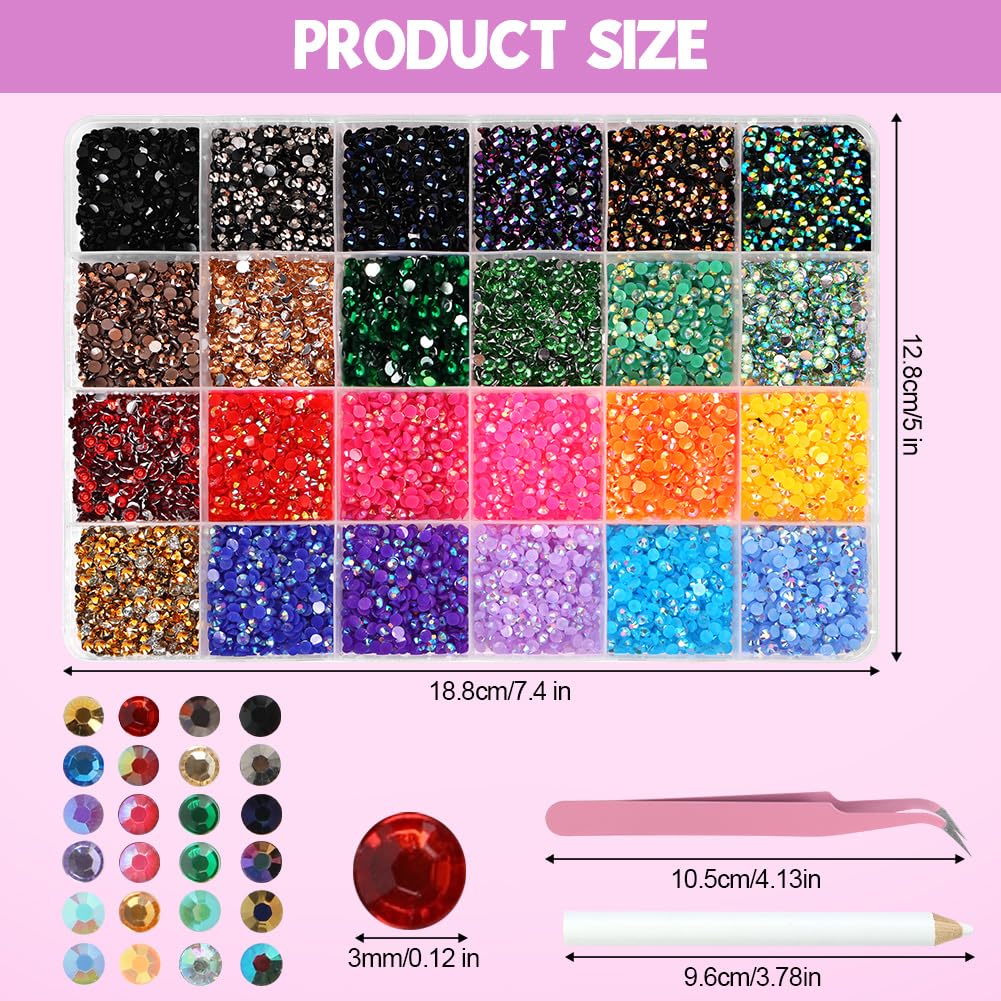 Lot de 12000 Pierres Strass pour Ongles, Strass Ongle Nail Art, 3mm Pierres à paillettes Pour décoration des ongles - Avec stylo à cire avec Pincette et Stylo Pointeur Stras