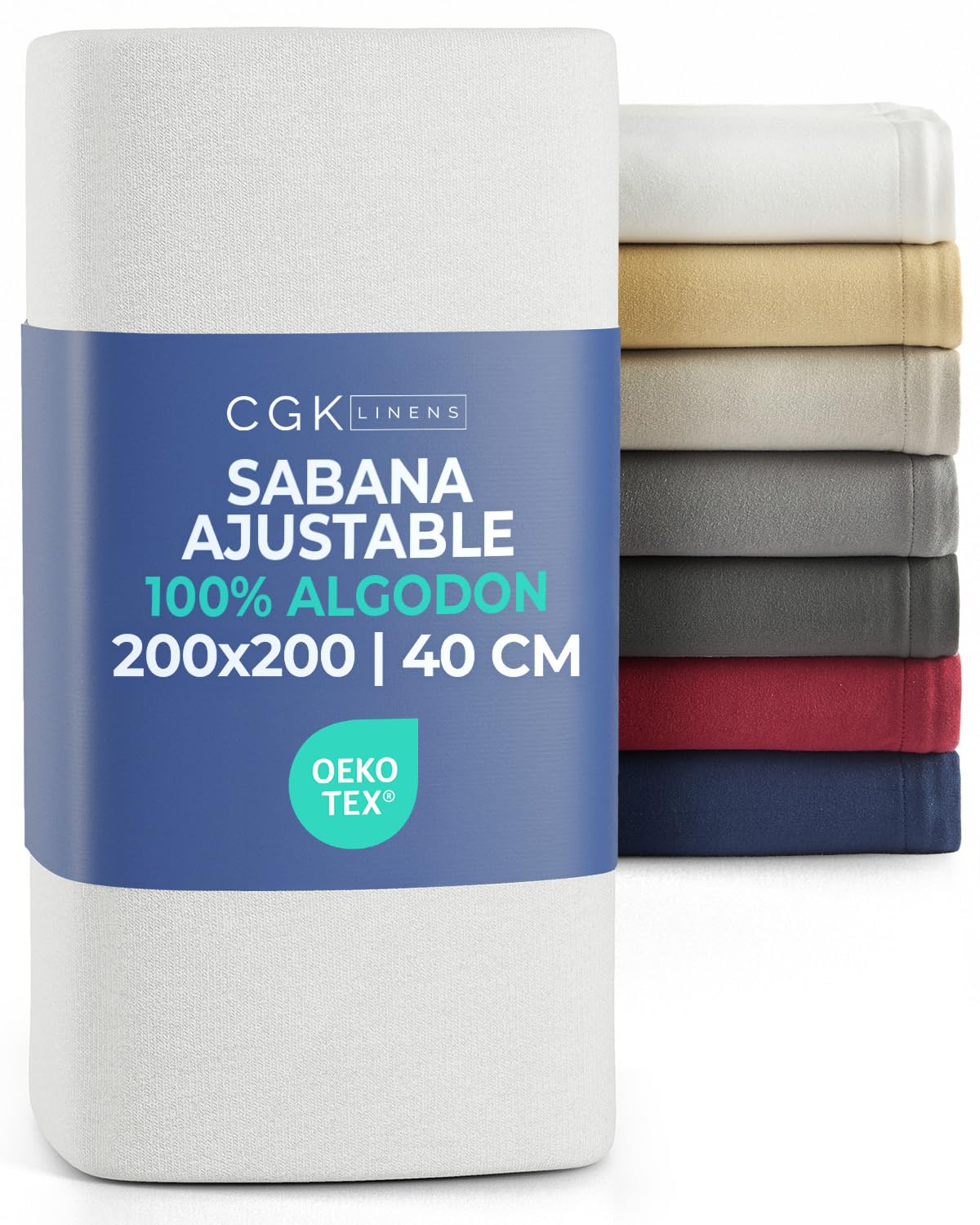 Sábana bajera ajustable 200x200 cm Blanco - 100% Algodón Jersey suave & transpirable - Bolsillo 40 cm / 16" - Sin arrugas, Resistente, Hipoalergénico & Transpirable - Certificado OEKO-TEX Standard 100