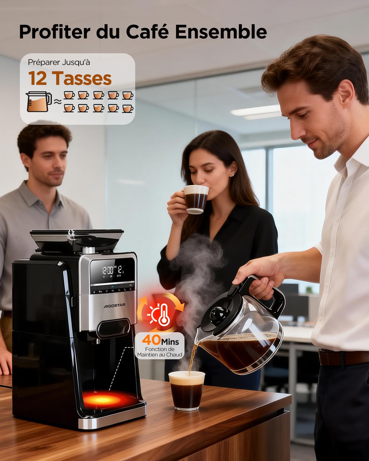 Aigostar Cafetiere a Grain Avec Broyeur Intégré, 1400W Machine a Cafe Grain, 7 Moutures, 3 Intensités, 1,5 L (2-12 Tasses), 24H Cafetière Programmable, Maintien Température, Noir - Personnalisez Café
