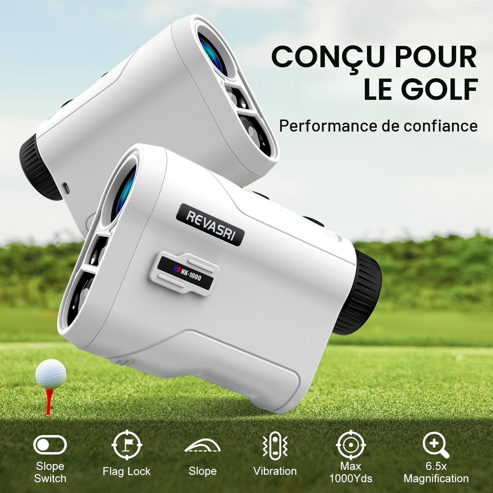 REVASRI Télémètre de golf avec vibration de verrouillage de pente et de mât de drapeau, interrupteur de pente externe pour tournoi de golf, télémètres avec batterie rechargeable 1000 yds laser