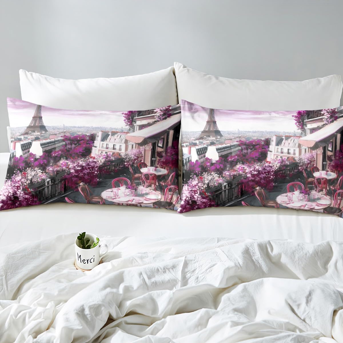 Eiffel Tower Fitted Sheet for Kids Boys Girls Romantic Paris Decor Bedding Set Paris Garden Printed Valentines Bed Sheet Set Bedroom Decor Pink Bed Cover Twin Size 2Pcs