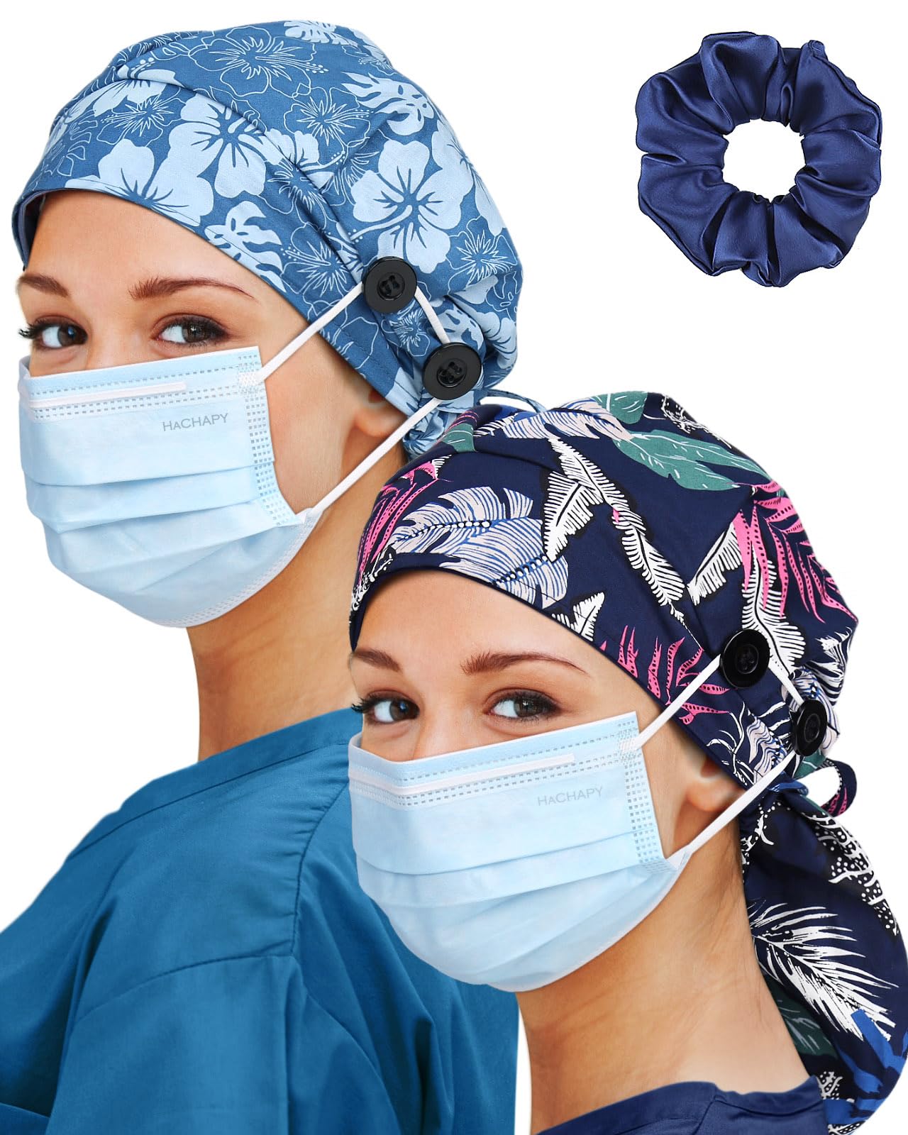 Satin Lined Scrub Cap for Women Extra Large Long Hair Surgical Nurse Cap 4 Buttons