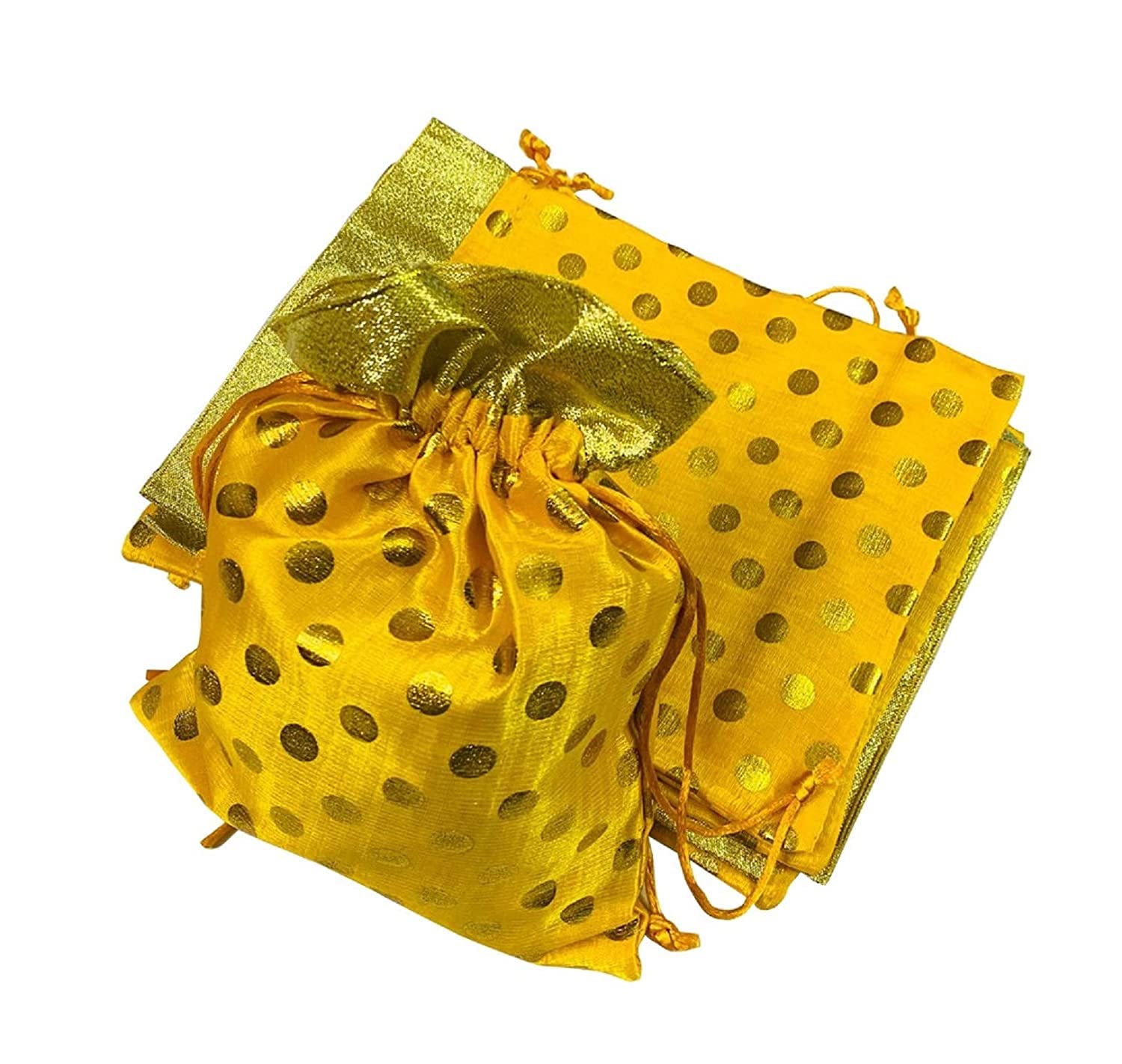 KRIWIN Pack of 25, 9 X 7 inch Medium Size Printed Silk Gift Bags/Potli/Pouches Mustard