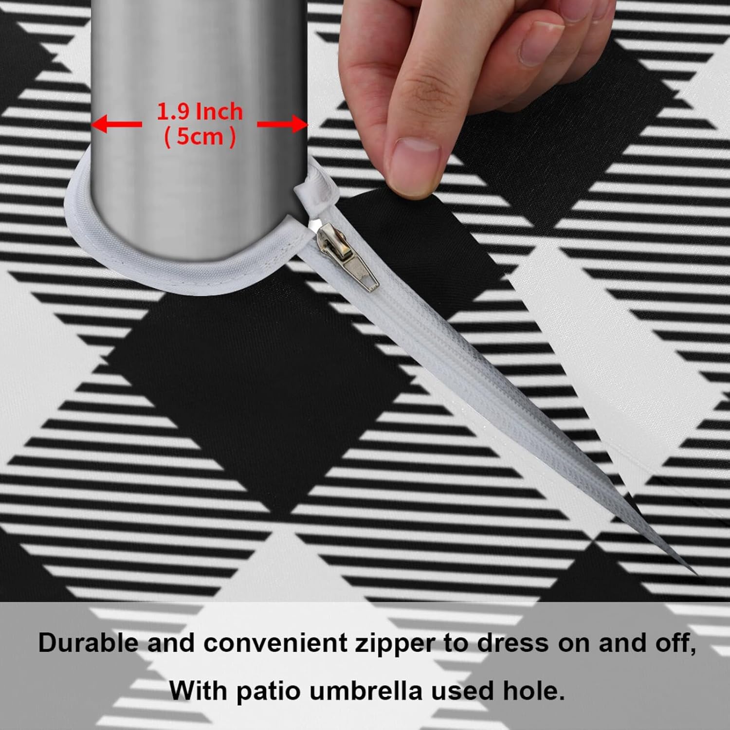 Black White Buffalo Check Outdoor Tablecloth Farmhouse Tartan Round Tablecloths with Umbrella Hole and Zipper Circular Patio Table Cloths Covers for Backyard BBQ Picnic 60 Inch