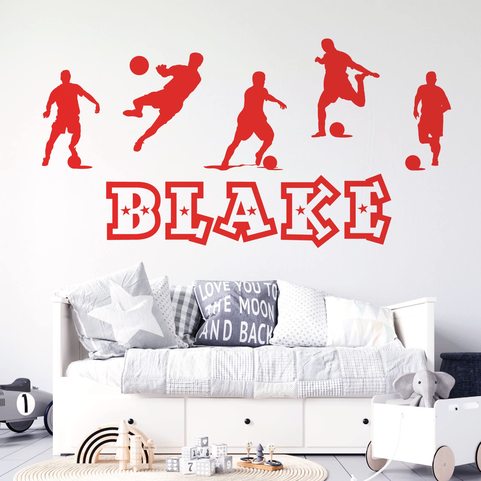 Personalised Name Boys Wall Art Sticker - Football, Soccer Game Silhouettes Theme [Medium] [Poppy]