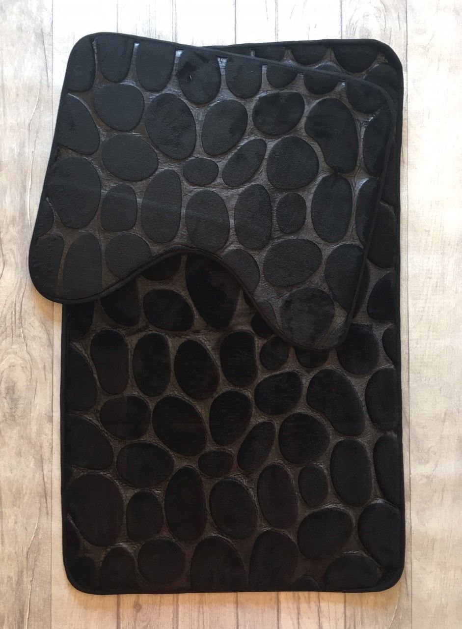 Artistic Fashionista Limited Luxury MEMORY FOAM PEBBLE BATH MAT SET Non-Slip, Absorbable & Washable Pedestal Mat and Bath Mat Bathroom Rug (Pebbles - Black)