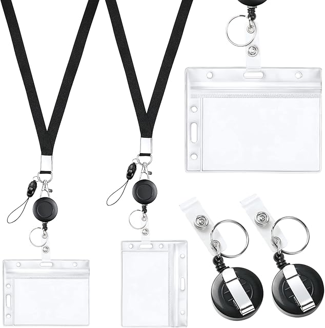 Vicloon Retractable Lanyard and Badge Holder Set, 6Pcs Lanyard with Transparent ID Card Holder and Keyring, Retractable Badge Reels Lanyard Straps with Two-Sided ID Card Holder