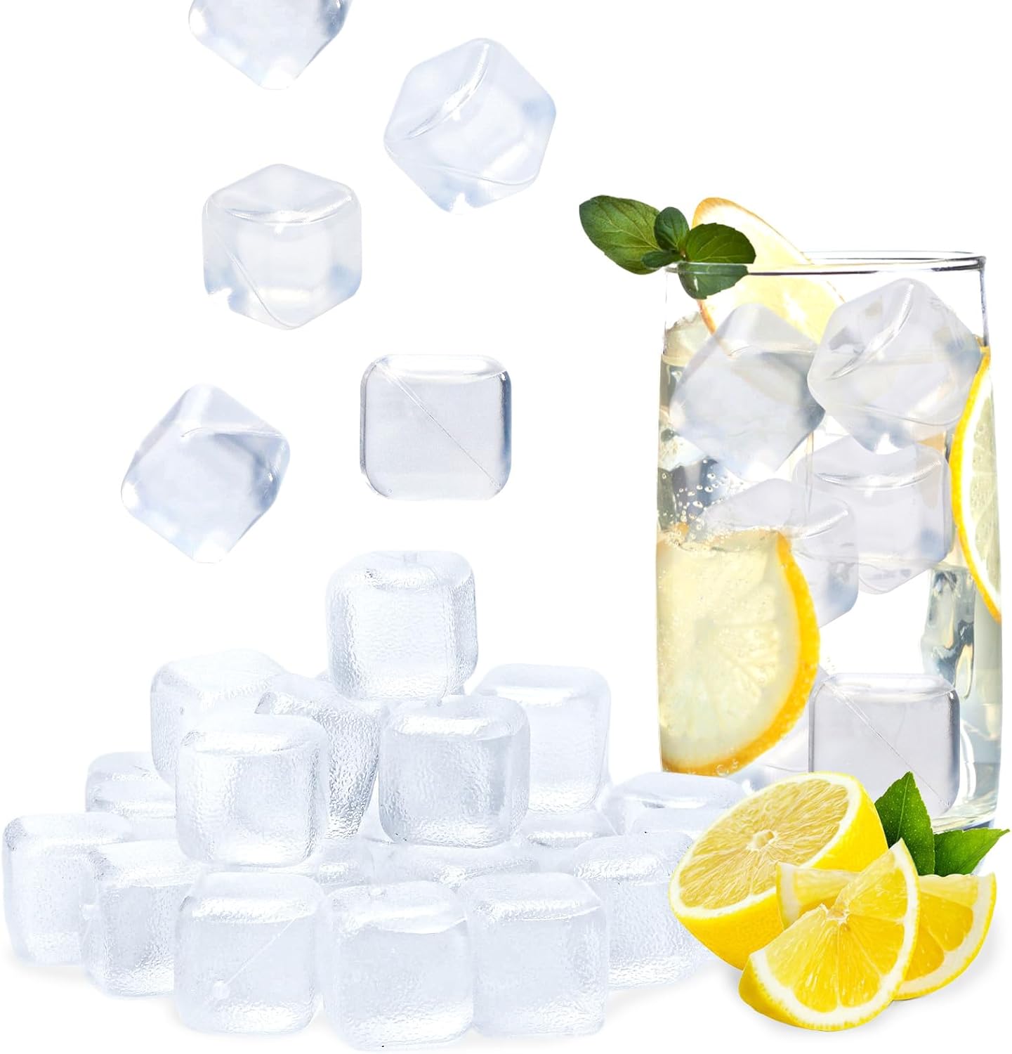 YOIUSFR 70 Pack Reusable Ice Cubes BPA-Free No Dilution Transparent Fake Cubes for Whiskey Cocktails Wine 2.2lbs