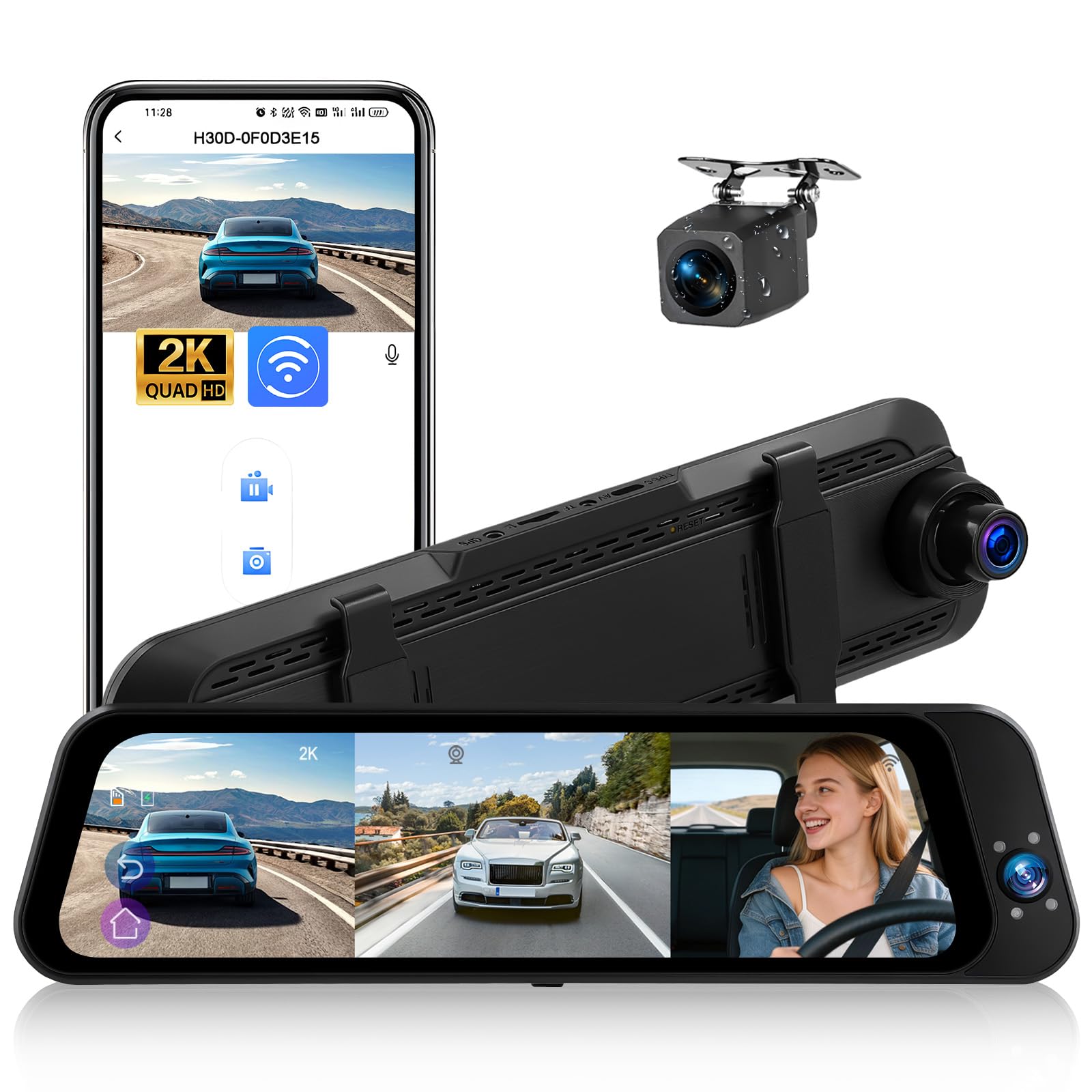 2k 3 Channel 9.66'' WiFi Mirror Dash Cam with Front and Rear Camera IPS Touchscreen,Triple Rear View Mirror Camera with App Recording,Reversing Display,Night Vision, G-Sensor Parking Monitor-image-16