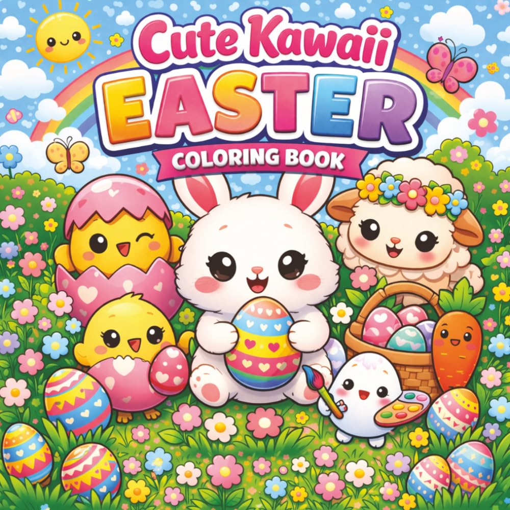 Cute Kawaii Easter Coloring Book: Bold & Easy Coloring Book for Kids and Adults | 40 Cute & Simple Designs for Relaxation, Spring & Easter Fun | Single Pages 8.5" x 8.5"