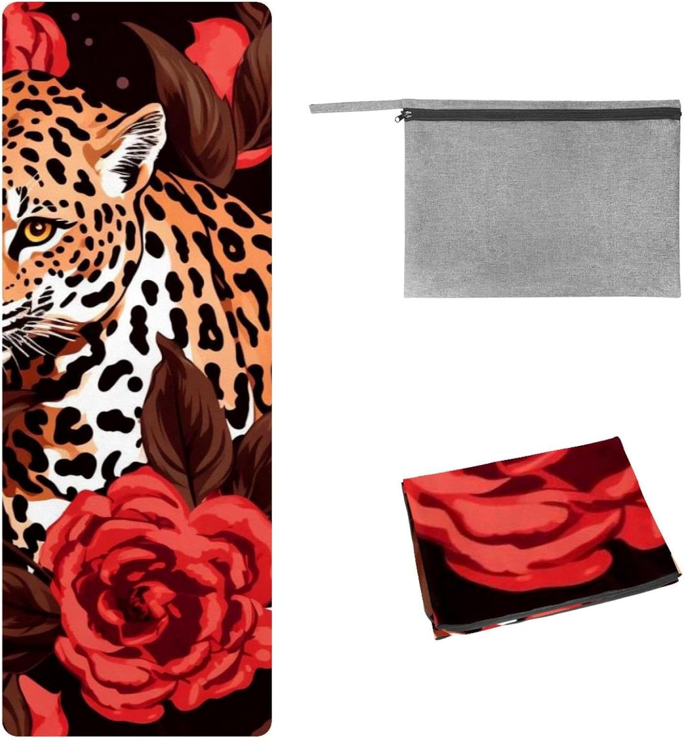 Yoga Towel, Leopard Rose Flower Non Slip Sweat Absorbent Hot Yoga Mat Towel for Hot Yoga, Pilates and Fitness - 72.8" x 26.8"