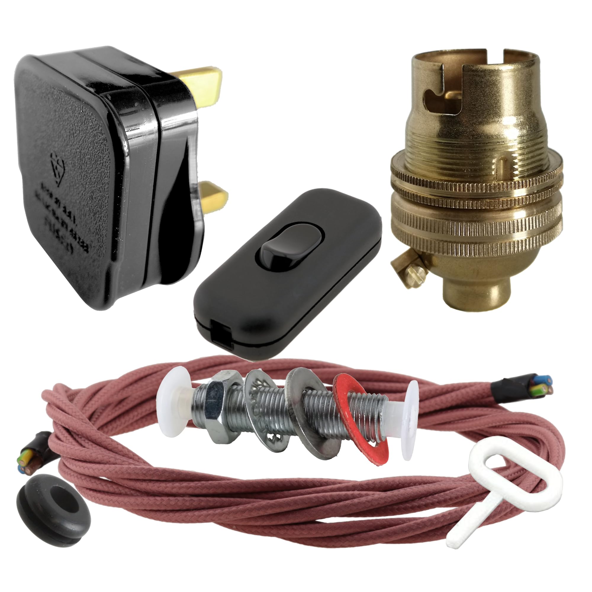 Art Deco Emporium Lamp Repair and Servicing Kit|Black Plug|Duskey Pink Flex|Black Switch|B22 Chrome Finish Lamp Holder